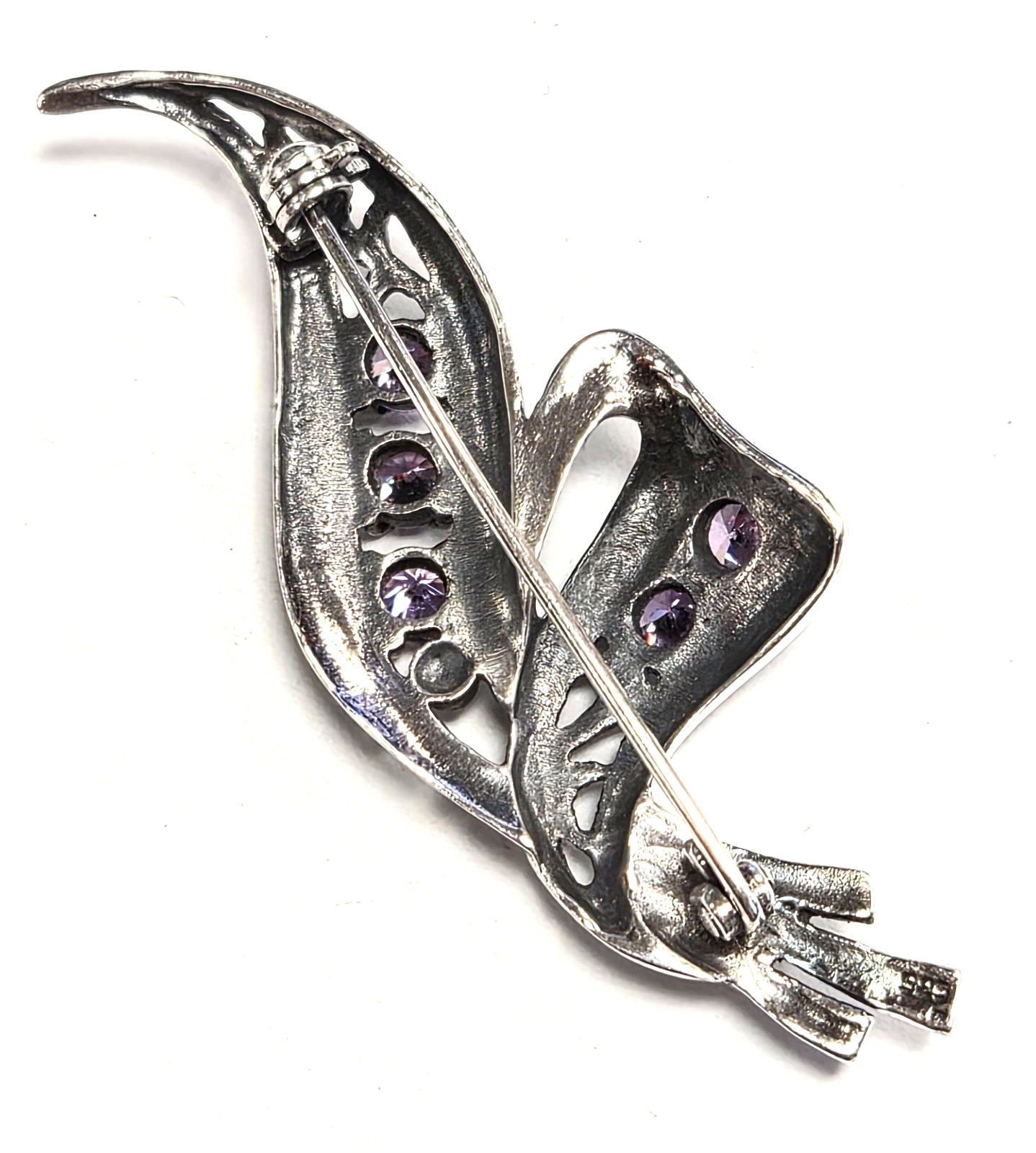 Vintage 925 Sterling Silver Amethyst & Marcasite Art Deco Style Leaf Brooch Pin