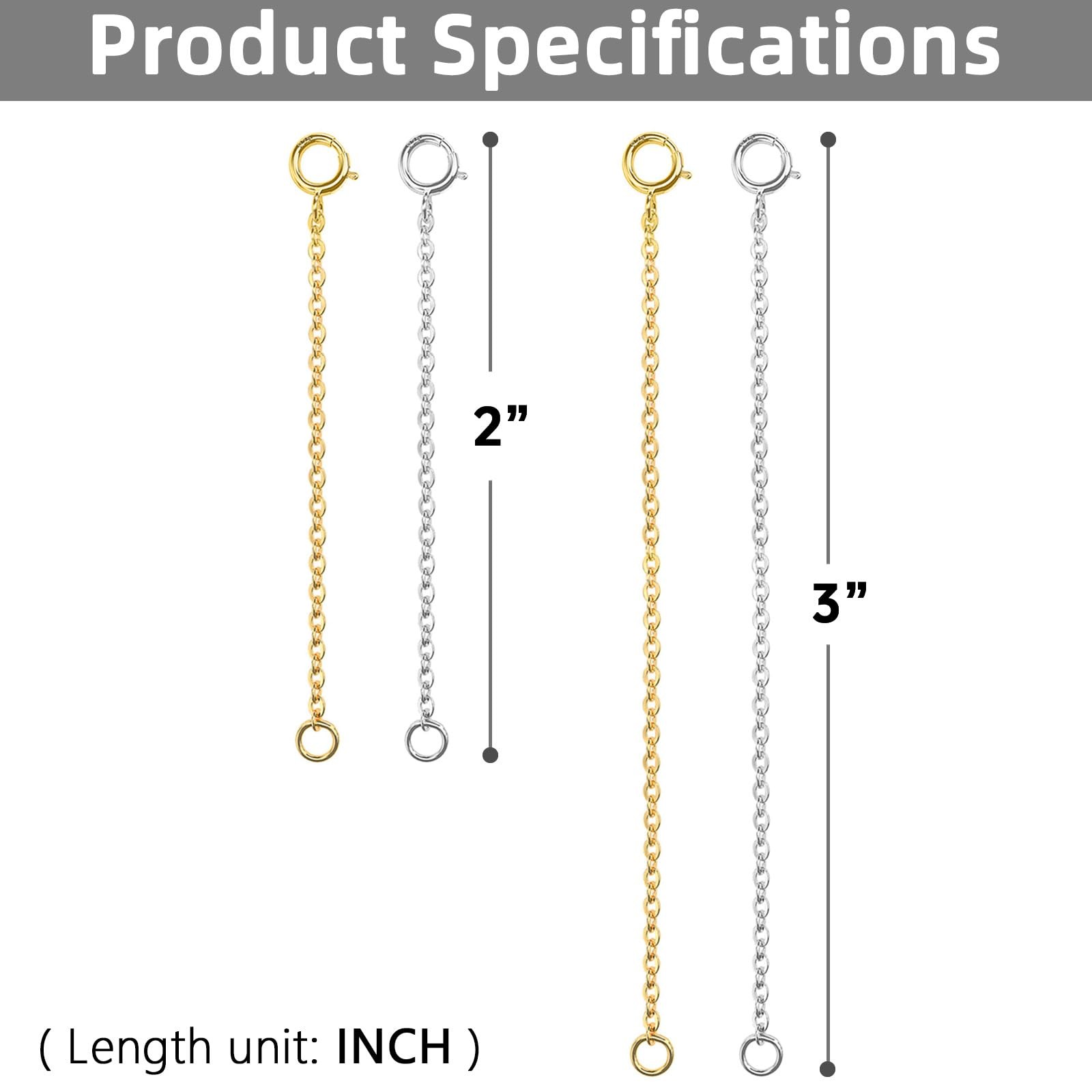 Sterling Silver & Gold Necklace Extender Set, 4 Pieces, 2-3 Inch Chains