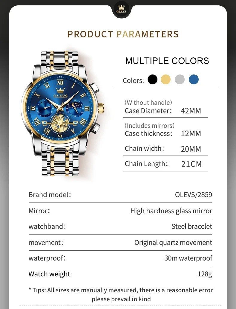 OLEVS 2859 Luxury Stainless Steel Waterproof Quartz Watch for Men Chronograph Lu