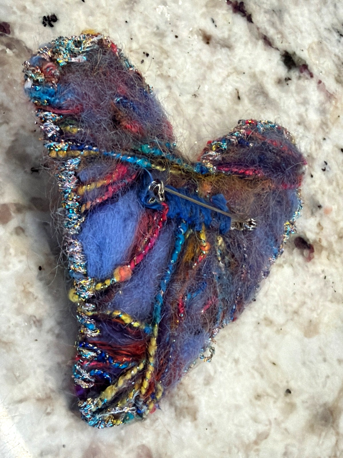 Vintage Handmade Fur Yarn HEART Pin Brooch Flower Rhinestone 3D Red Blue 3.75″
