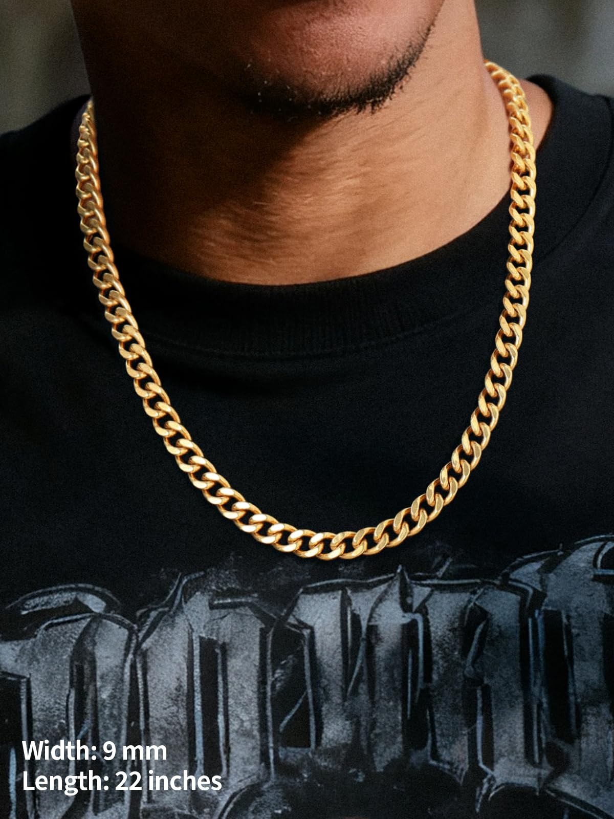 Chunky Cuban Link Chain Necklace, Stainless Steel Gold/Black, 14-30″ Curb Chain