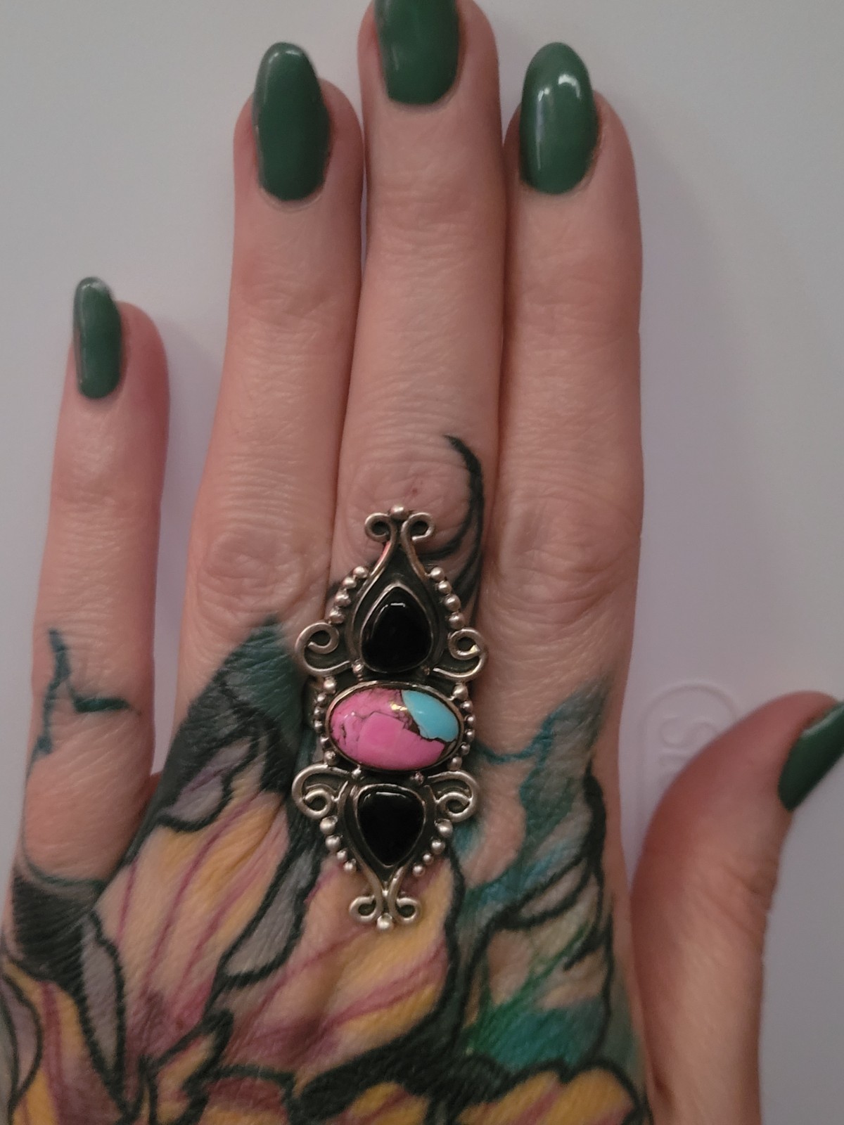 Cotton Candy Turquoise Black Onyx SS 925 Adjustable Southwestern Ring – handmade