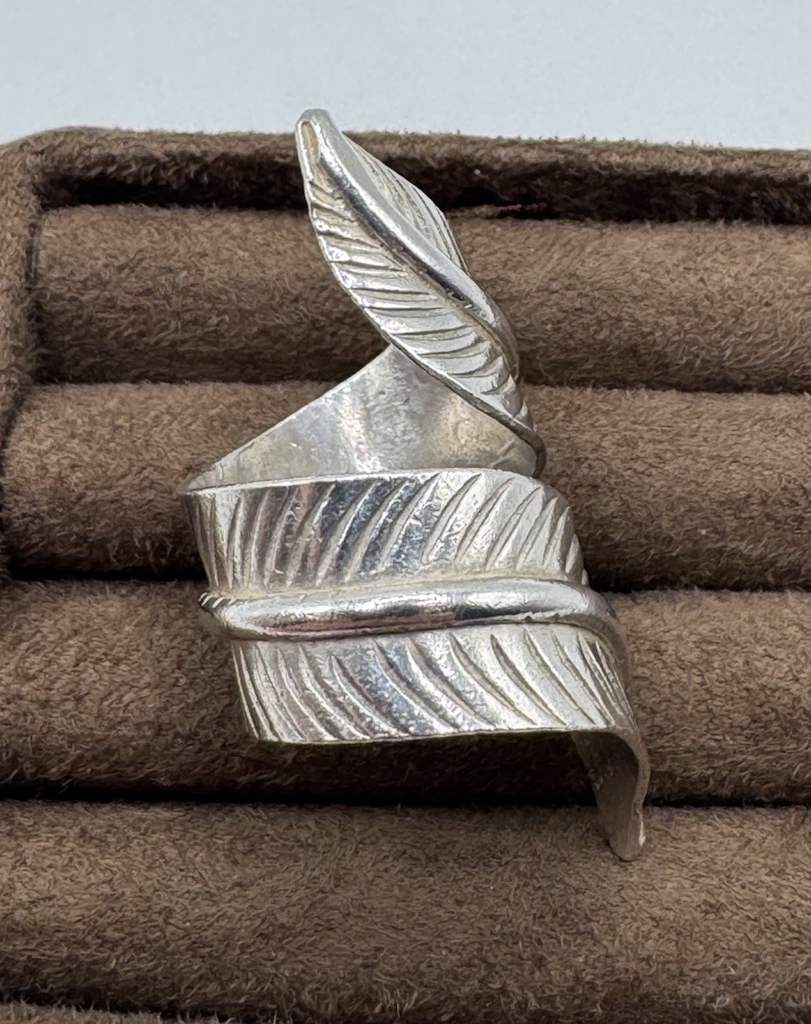 Vtg Sterling Silver Feather Leaf Bypass Wrap Adjustable Ring Chunky Large Size 6