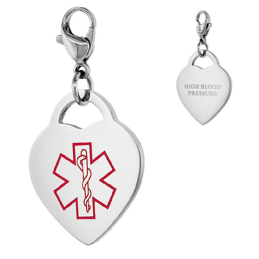 HIGH BLOOD PRESSURE Stainless Steel Medical Alert Heart Charm w/ Lobster Clasp