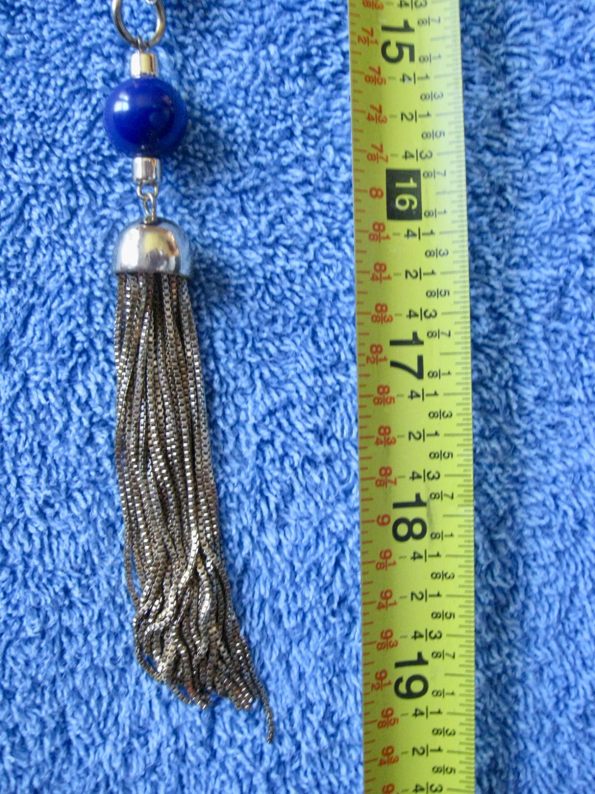 Chain & Beaded Orange & Blues Necklace “T” Logo 19″ Drop w/Metal Tassel Lobster