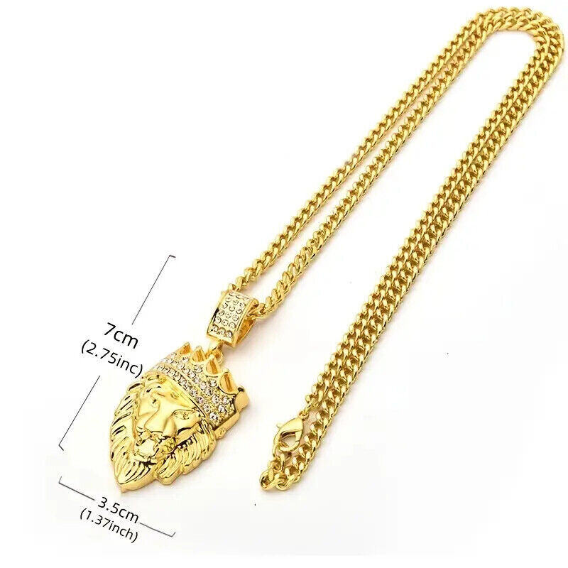 Icy King Crown Lion Head Cubic Zirconia Pendant 24″ Cuban Chain Hip Hop Necklace