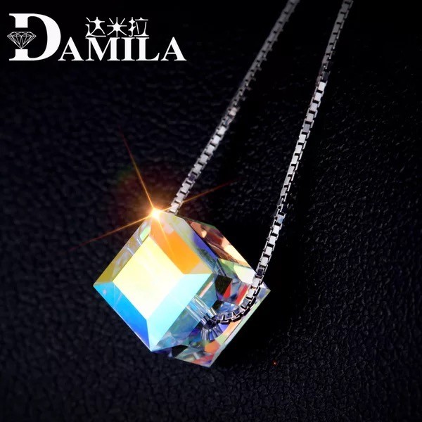 925 Sterling Silver Austrian Crystal Cube Lady Pendant Choker Necklace Chian USA