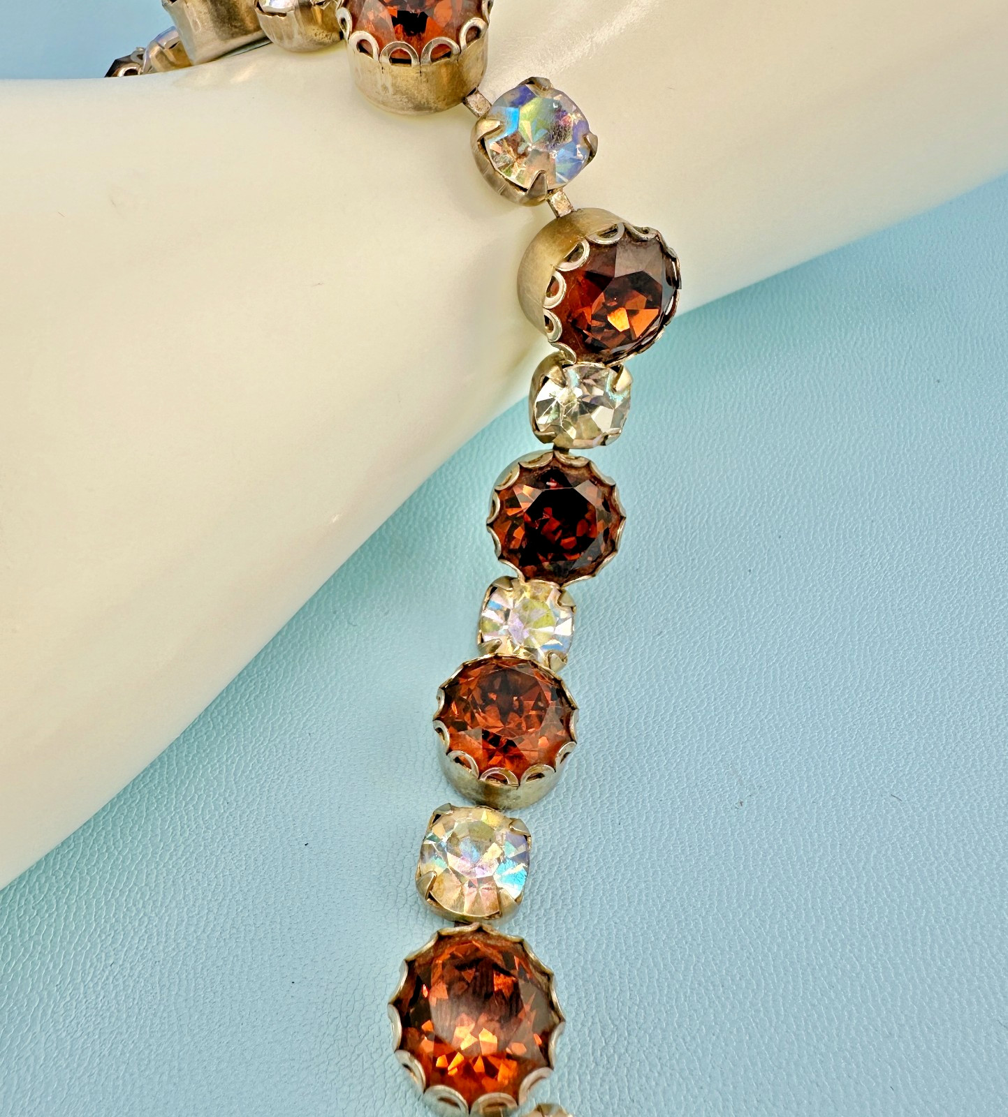 Vintage Rhinestone Bracelet Large Pronged Root Beer Color AB Stones 7″ Cup Chain