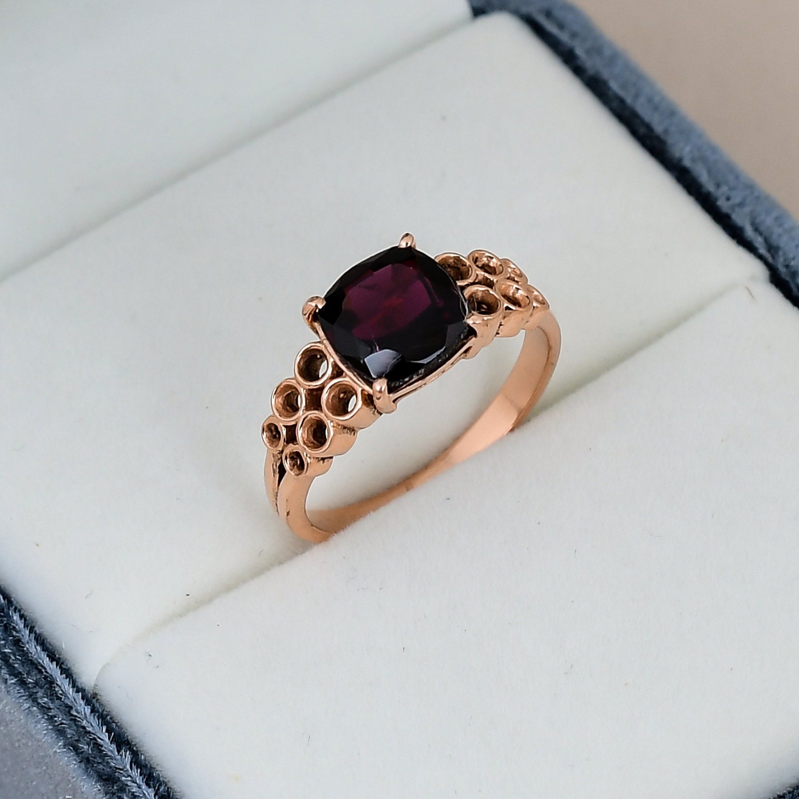 18K Rose Gold Garnet Cushion Ring 8mm Solitaire January Birthstone Gift Her