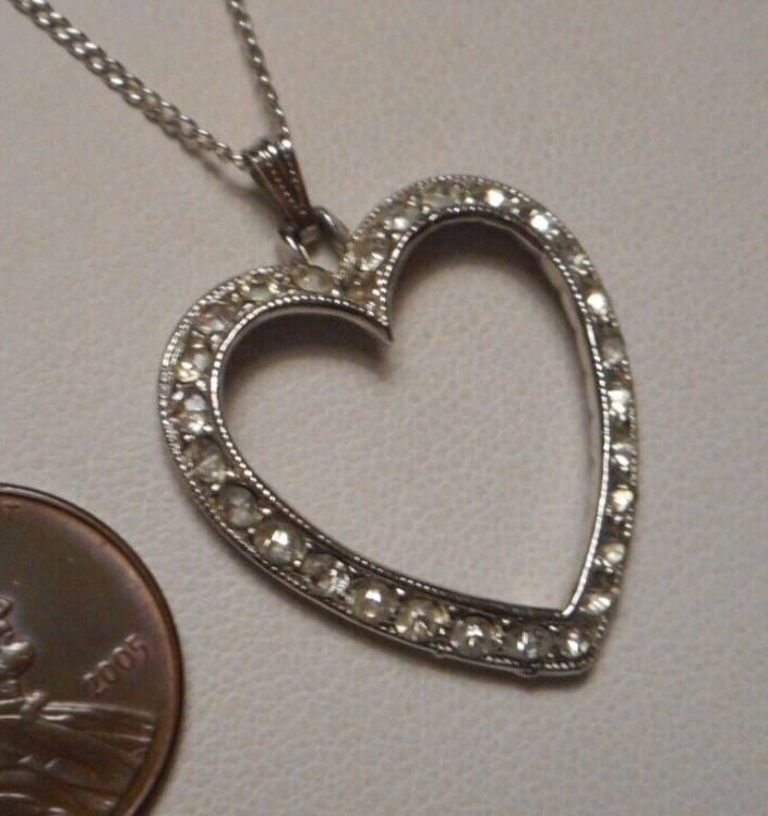 1950s Bogoff Diamante Rhinestone Silver-tone Heart Pendant on 16″ Chain Necklace