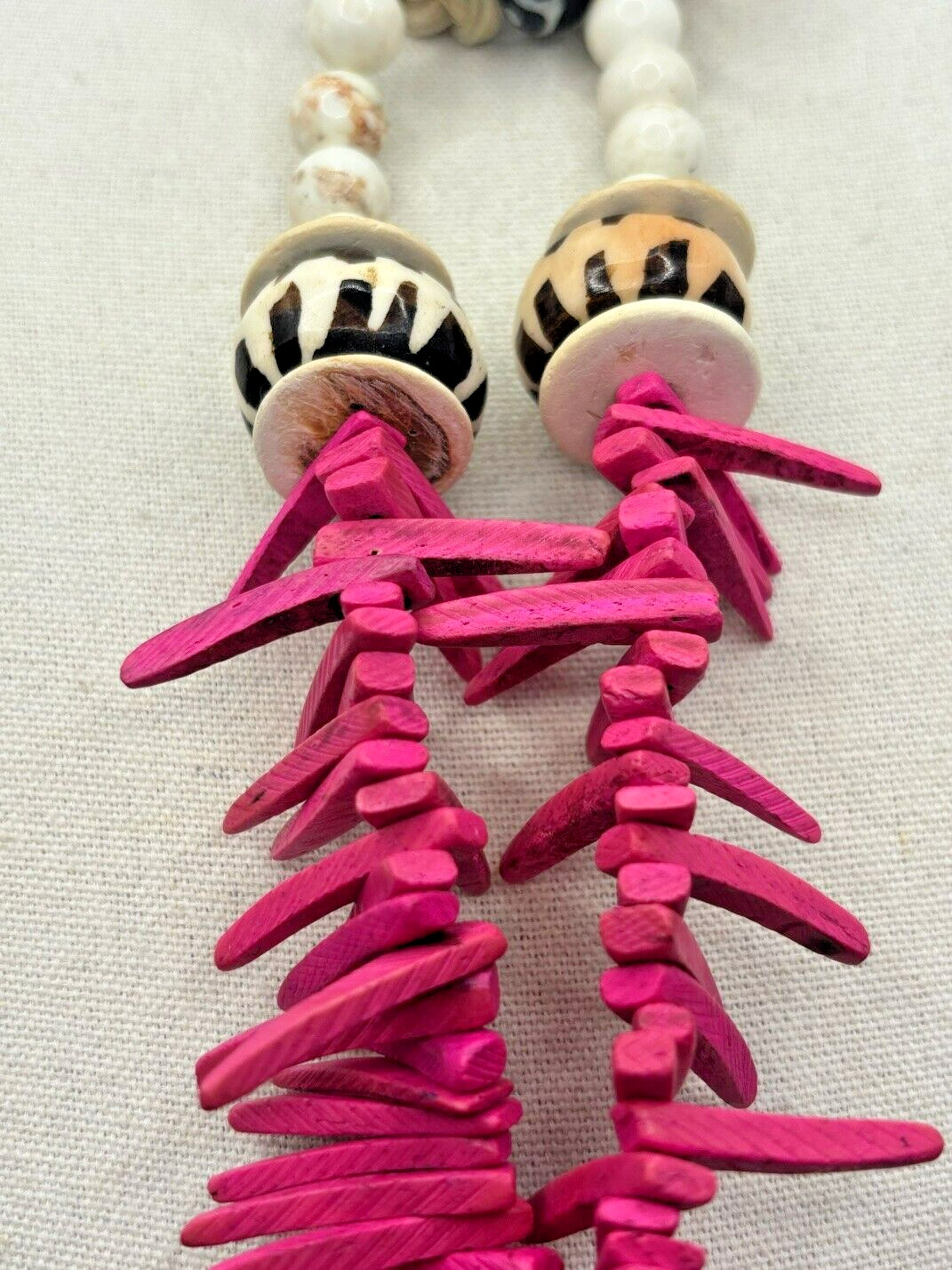 Pink Cocowood Chip Howlite Large Kenya Bone Beaded Horsehair Pendant Necklace
