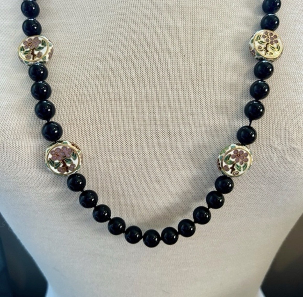 Vintage Onyx and Cloisonné Beaded Necklace Gatsby Victorian Art Deco