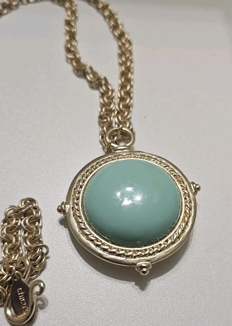 Chico’s Reversible Faux Turquoise Gold Tone Turtle Medallion Necklace Boho Coin
