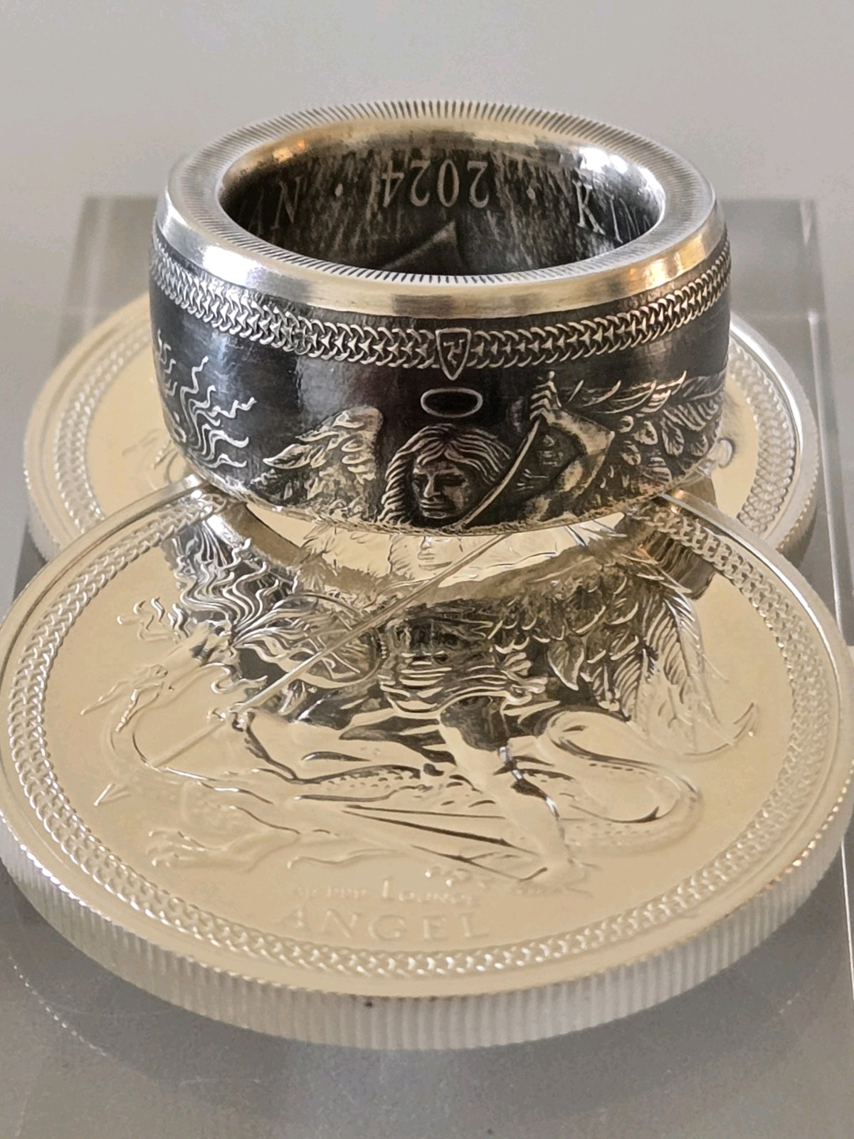 Isle Of Man Angel .999 Silver Coin Ring Angel Michael Slay Evil U Pick Sz 9-13
