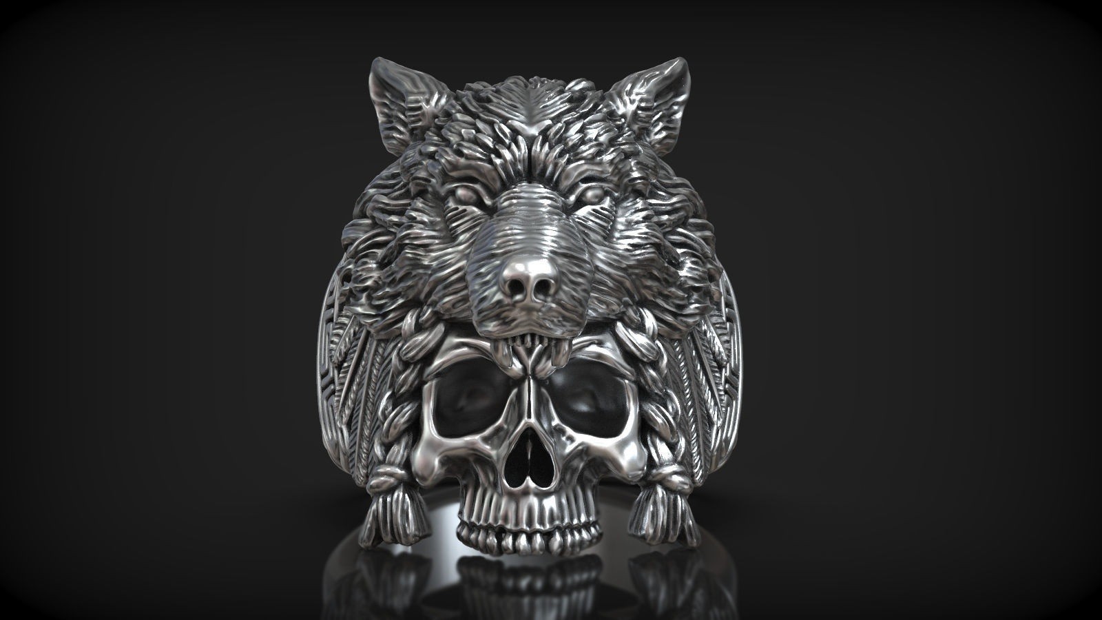 Native American Indian Chief Skull & Wolf Head 925SterlingSilver Statement Rings