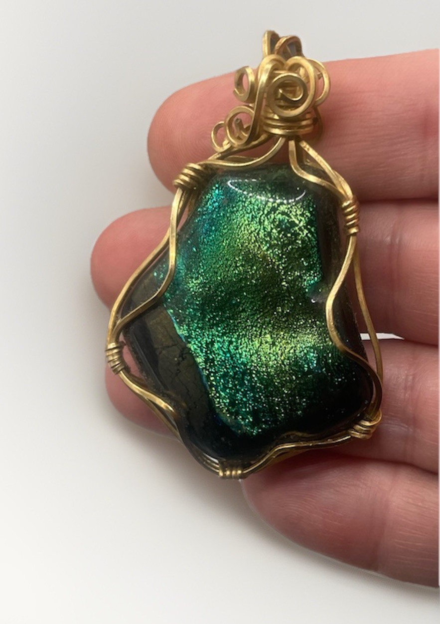 Blue Green Gold Dichroic Glass Pendant Handmade Gold Tone Wire Wrapped