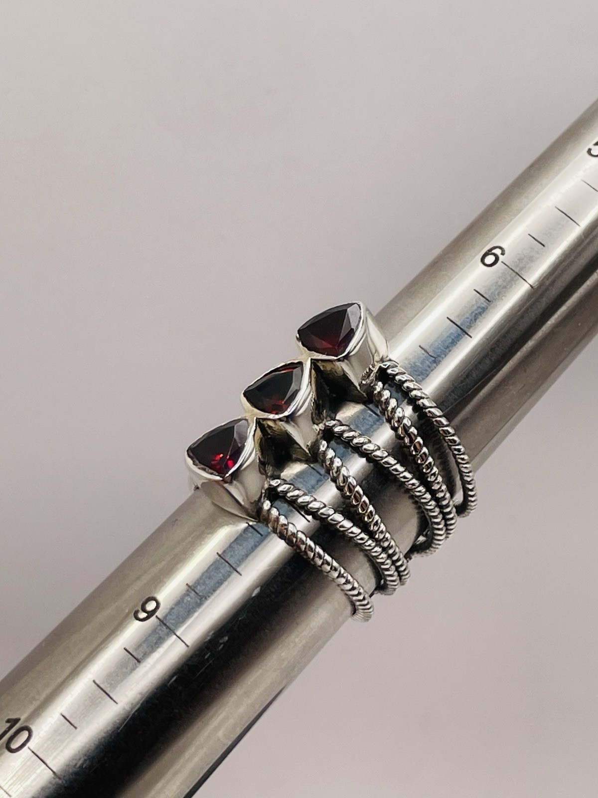 Triple Mozambique Garnet 925 Sterling Silver Wire Twisted Designed Ring Size 8