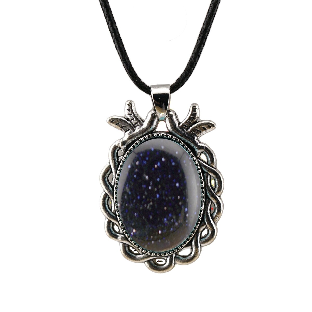 Natural Gemstone Oval Pendant with Lace and Bird Feather Wrapped Necklace