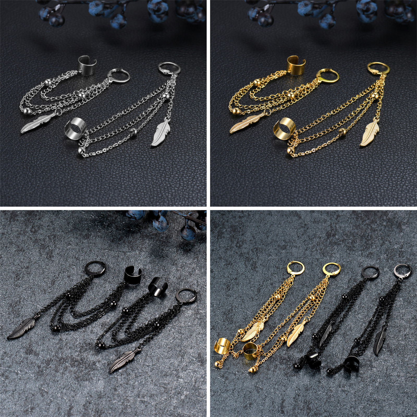 Punk Clip On Stainless Steel Feather Chain Tassel Dangle Ear Cuff Wrap Earrings