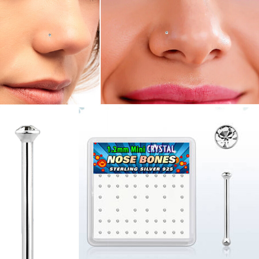 22g (0.6mm) Small Circle Silver Nose Bone Studs 1.2mm CZ Crystal Top 1-10PC Sets