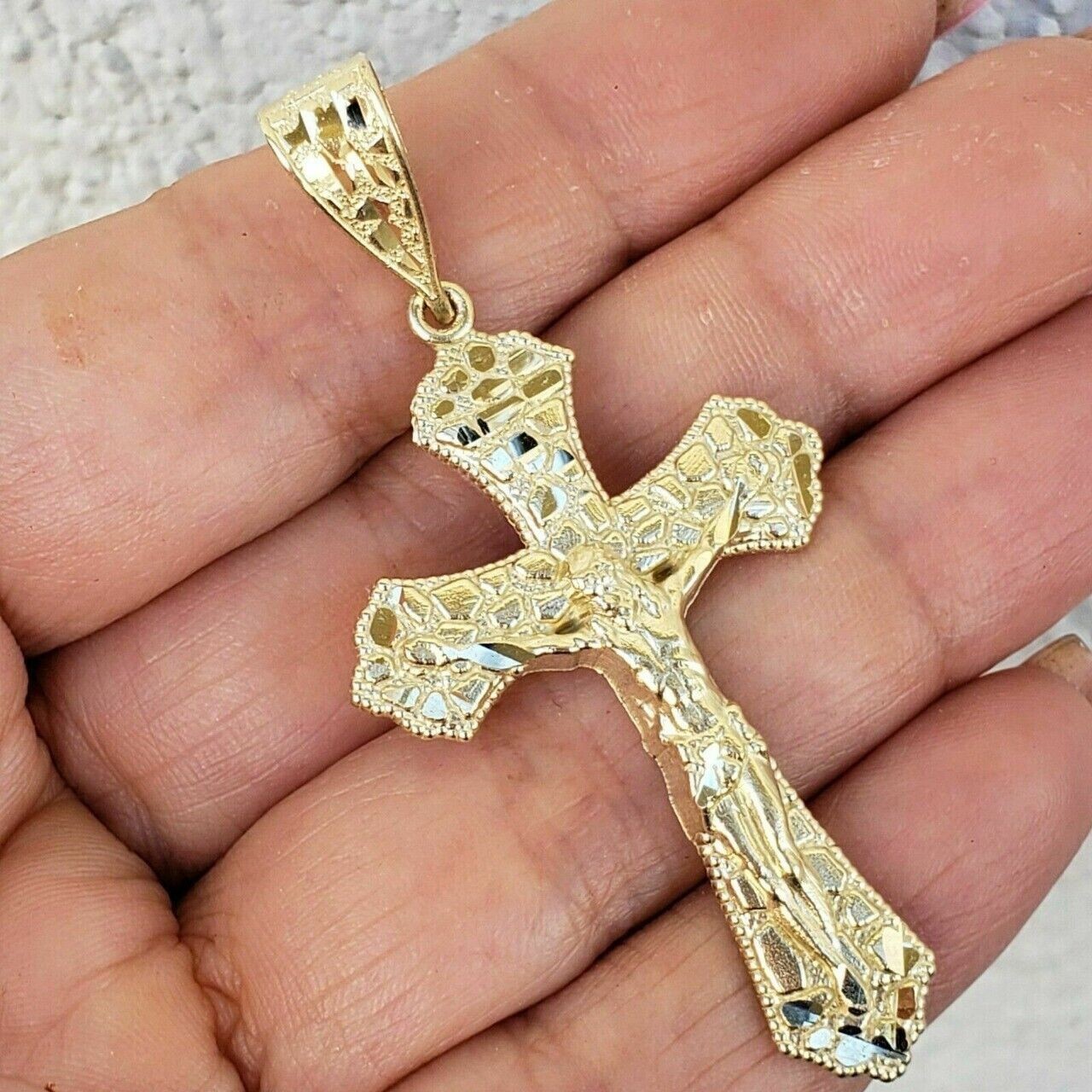 Estate Nugget Jesus Cross Pendant Charm Pendant 14K Yellow Gold Plated Silver