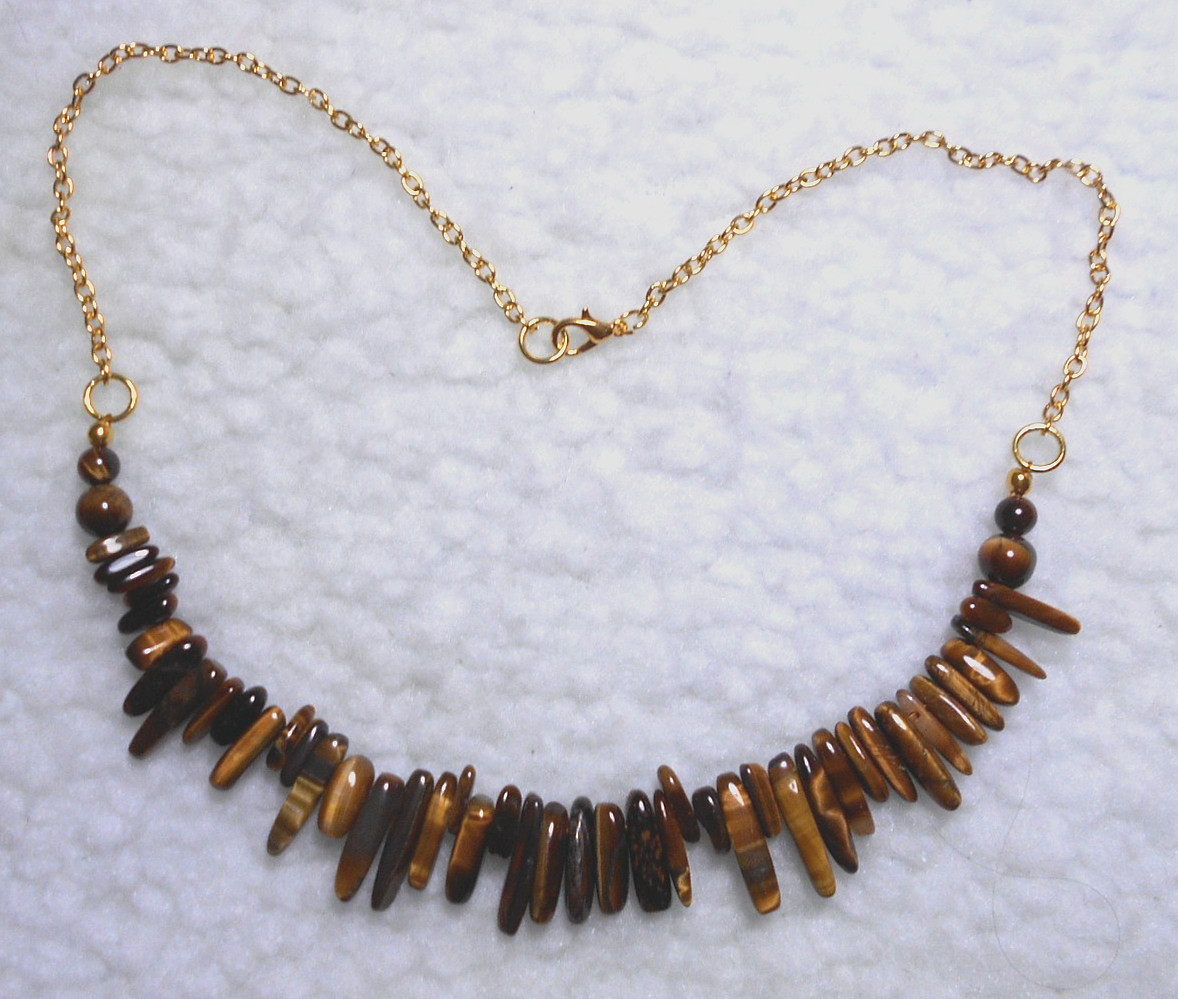Tiger’s Eye Beaded Necklace, Gold colour chain, 20″, 51cm, Handmade.