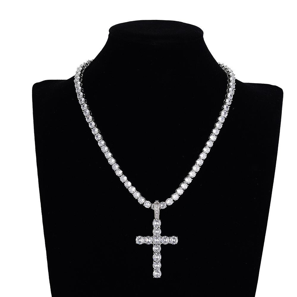 14k Gold Silver Plated Tennis Chain Choker ICED CZ Necklace with Cross Pendant
