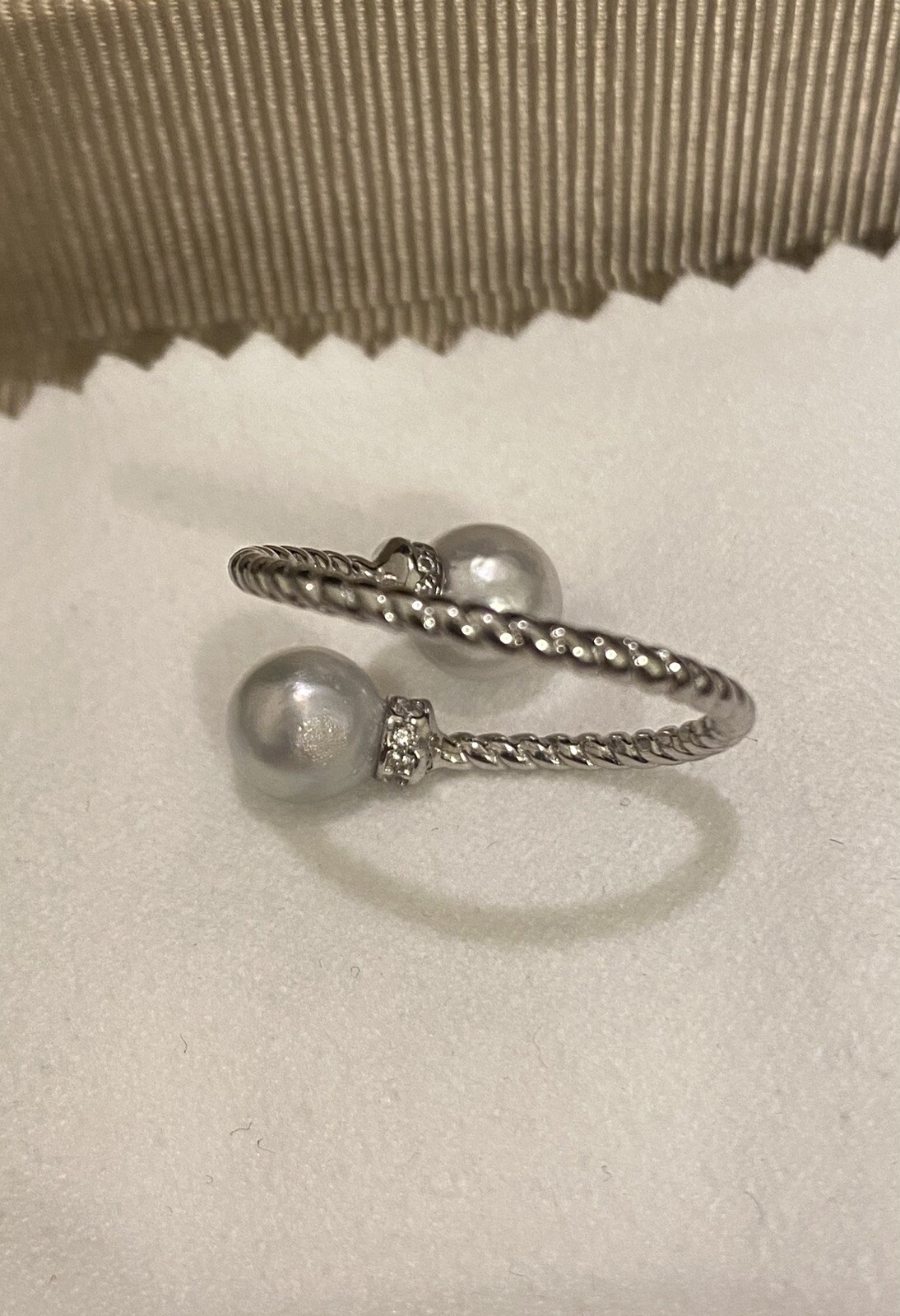 S925 Silver Gray Blue Akoya Sea Pearl Cable Rhinestone Ring