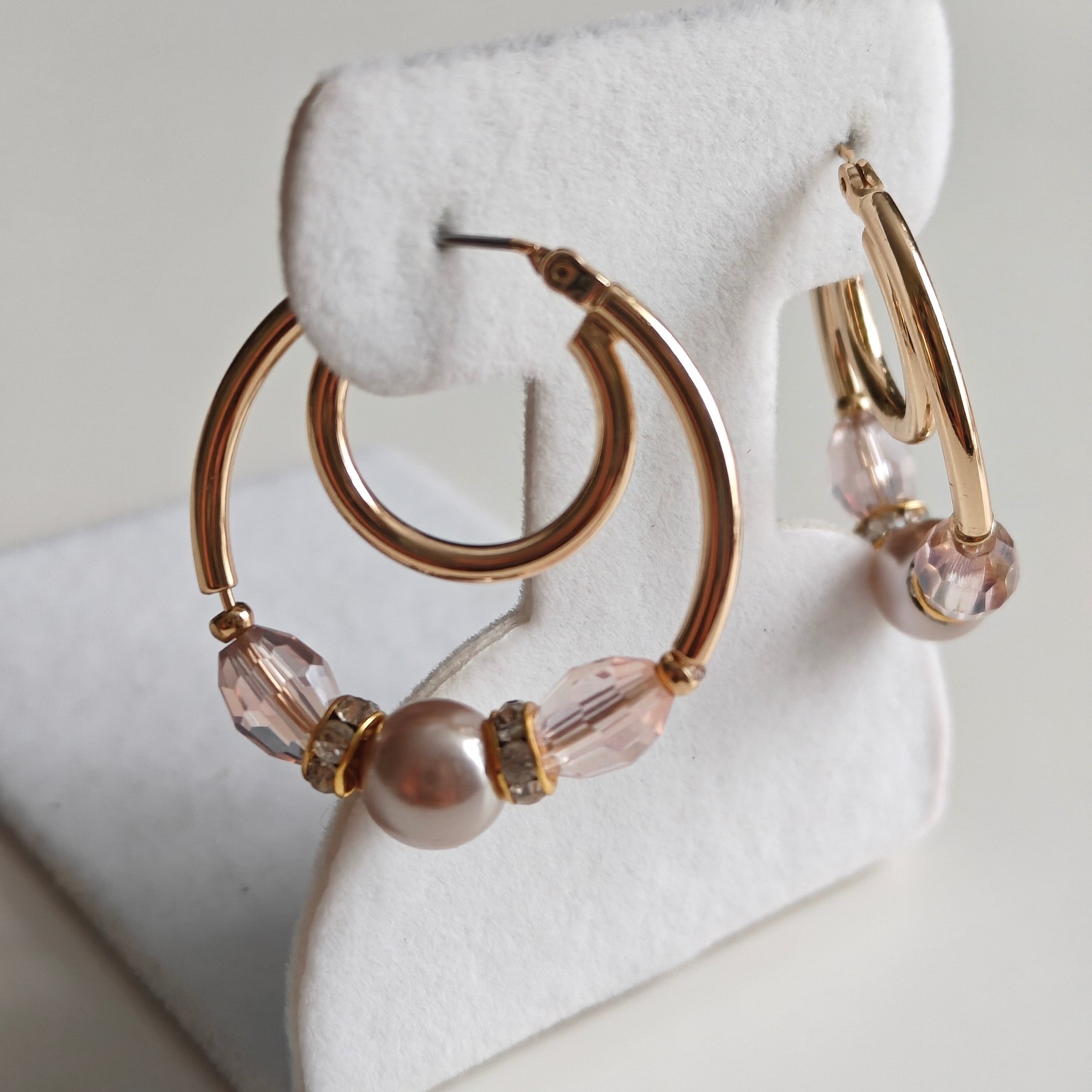 Gold Double Hoop Earrings Pink Faux Pearl Crystal Rhinestone Beaded Latch Back