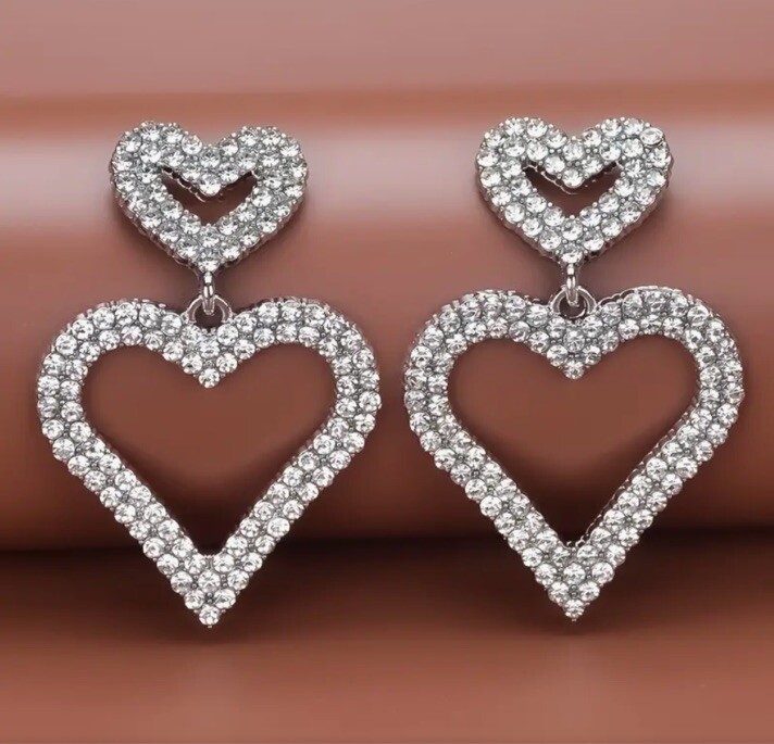 Silver Rhinestone Double Heart Hollowed Dangle Hoop Stud Glamour Earrings