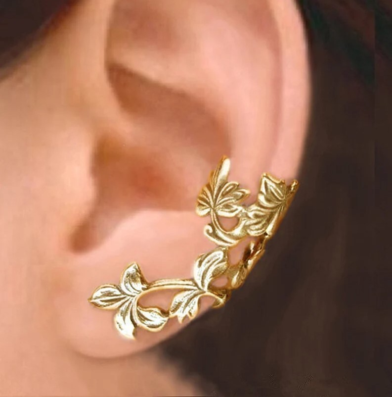 Floral Hollowed our Flower & Leaf Ear Cuff – Gold – No Piercing, Clip On