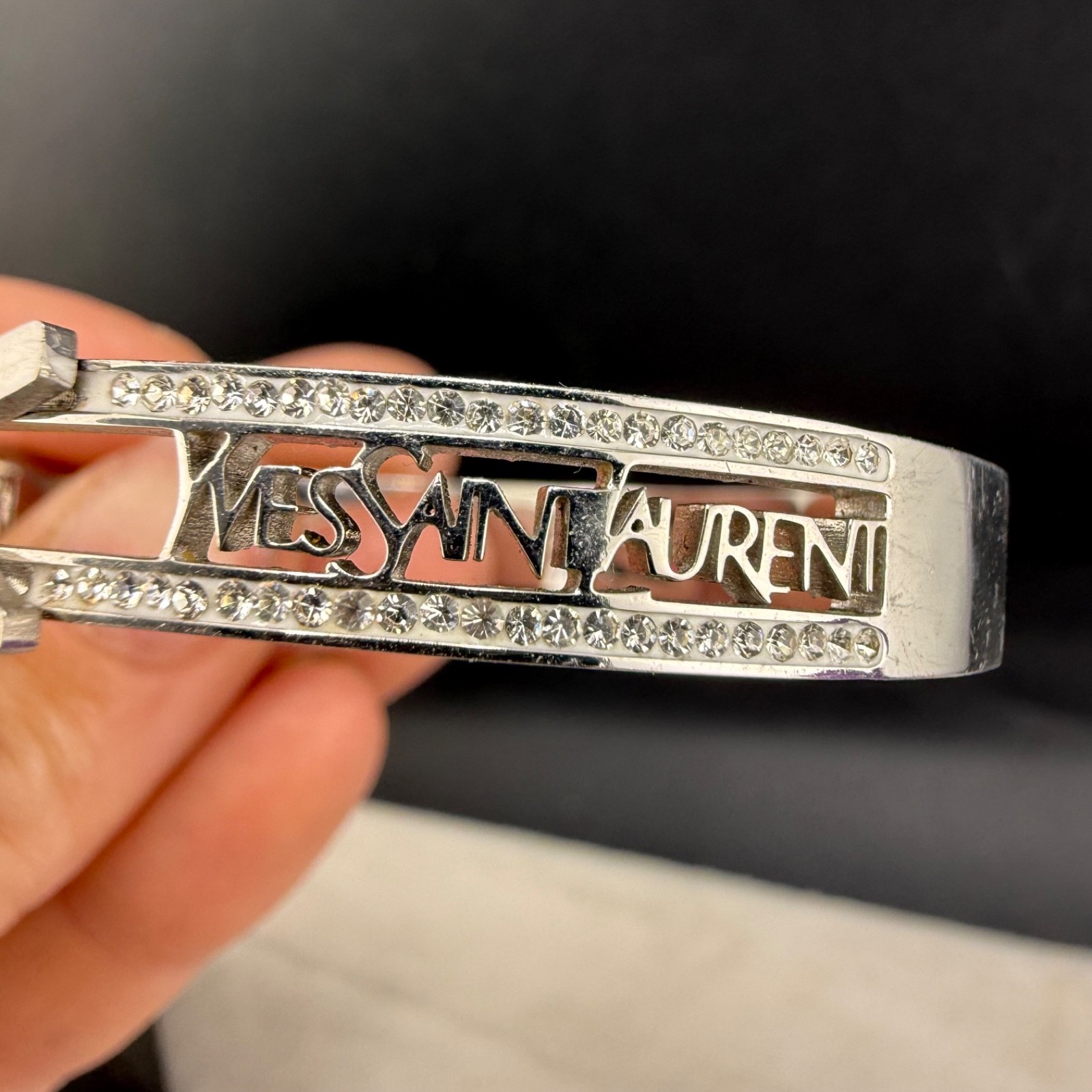 Vintage YSL Yves Saint Laurent Bangle Bracelet Silver Tone Rhinestone 6.5”