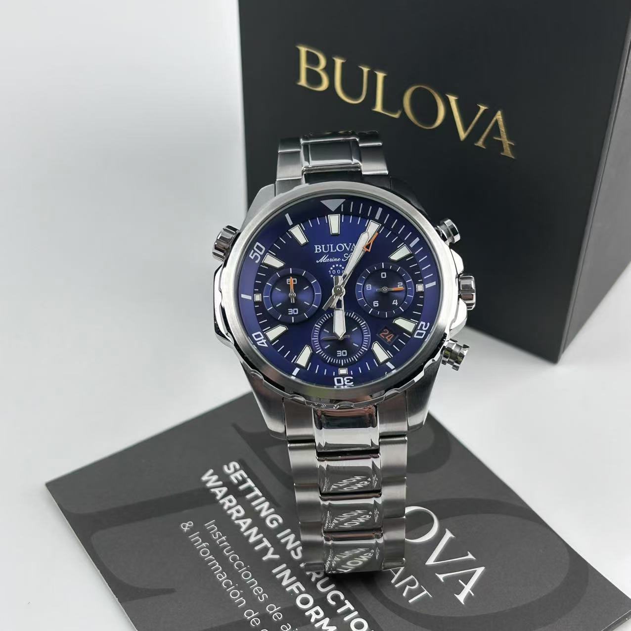 New Bulova Marine Star 96B256 Blue Dial Men’s Chronograph Quartz Watch 43mm