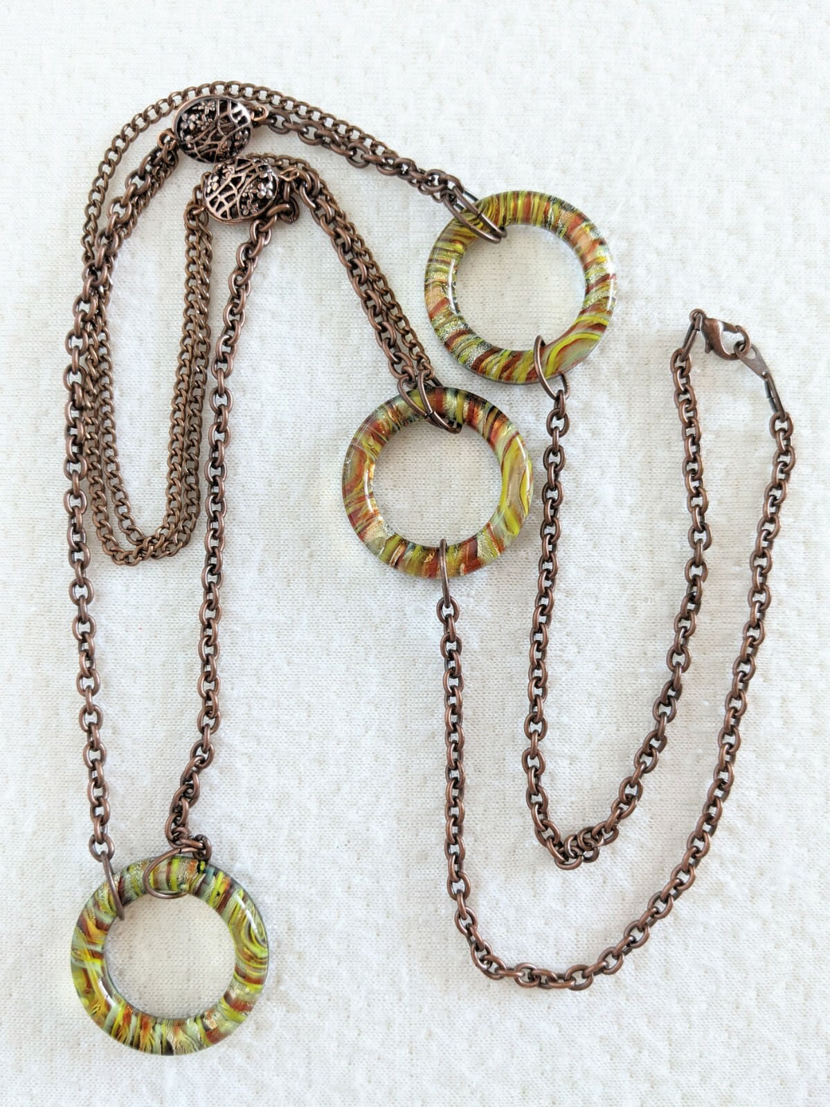 Copper Tone Multi Chain & Colorful Striped Art Glass Circle Beaded 29″ Necklace