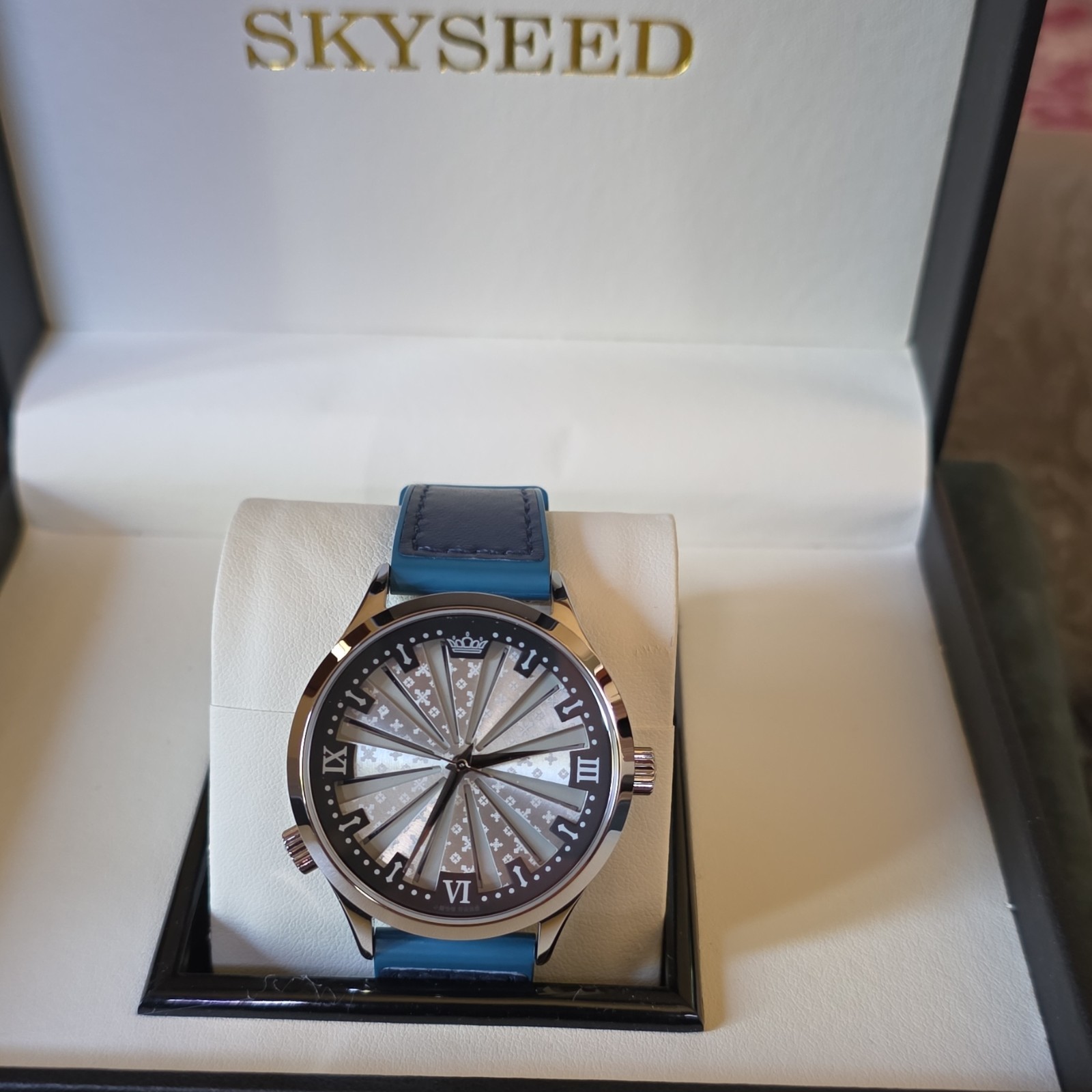 SKYSEED Silver Dial Roman Numerals Watch Blue Leather Strap