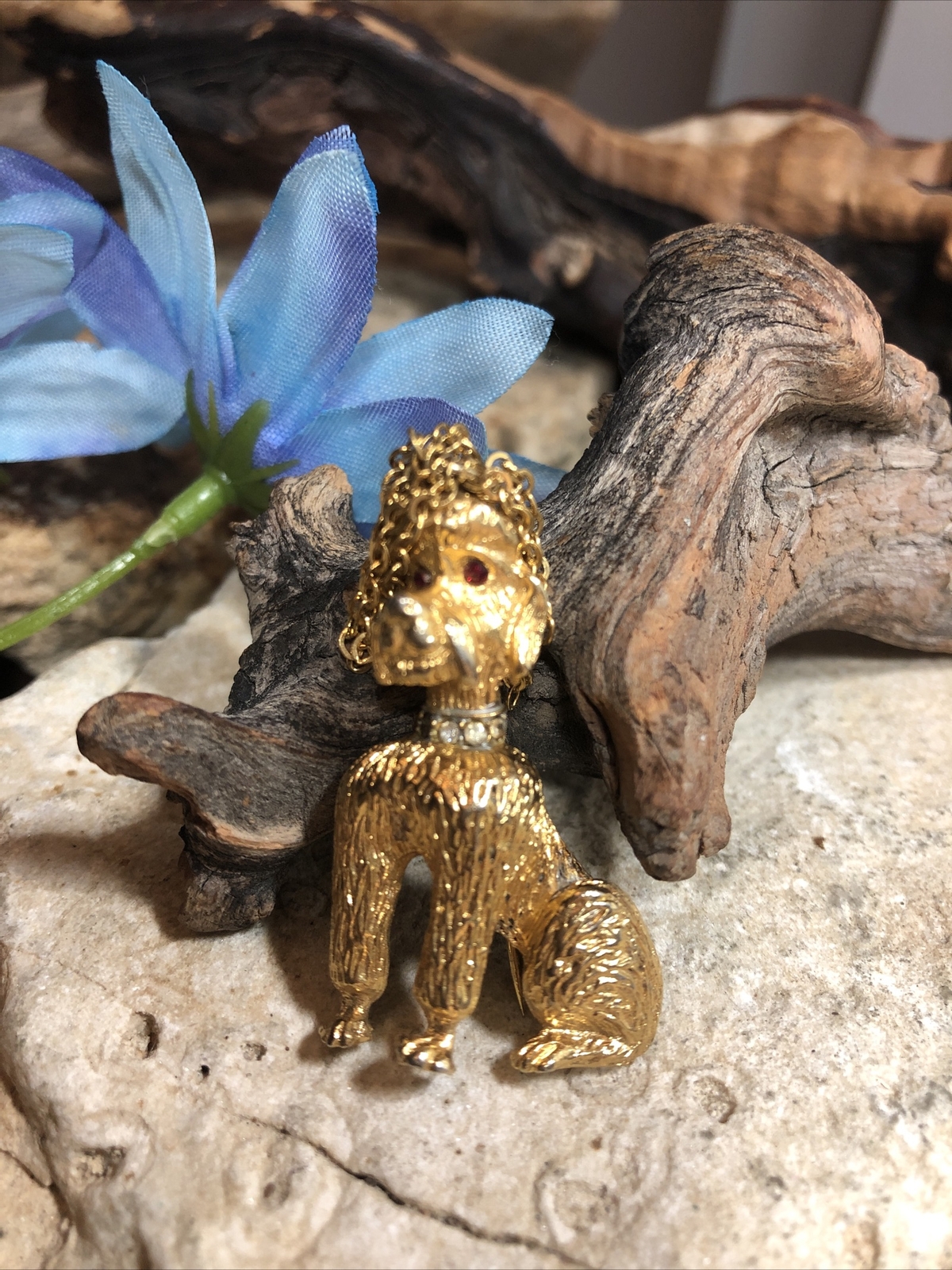 Vintage Crown R. Mandle signed Gold tone POODLE red eyed pin brooch