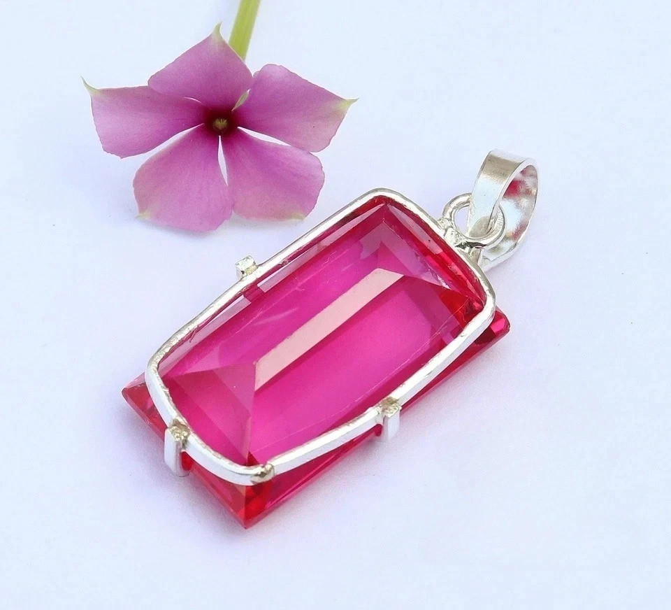 21.53 Ct Natural Pink Sapphire Baguette Cut 925 Solid Silver Pendant Gemstone