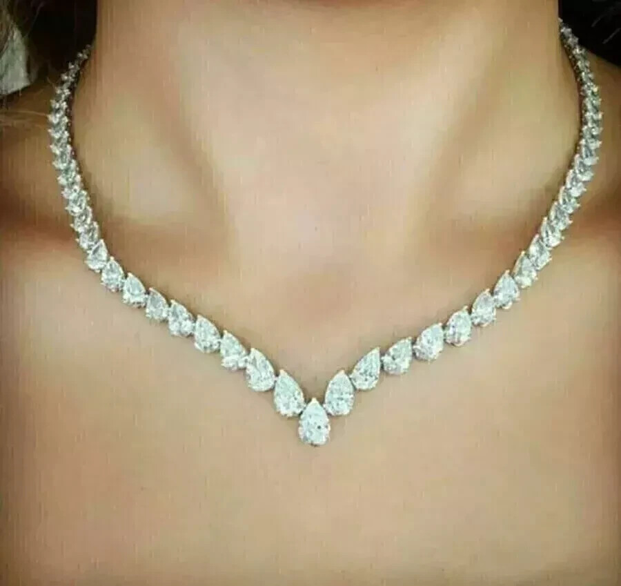 20.00 Ct Pear Cut Lab-Created Diamond Tennis Necklace 14k White Gold Plated