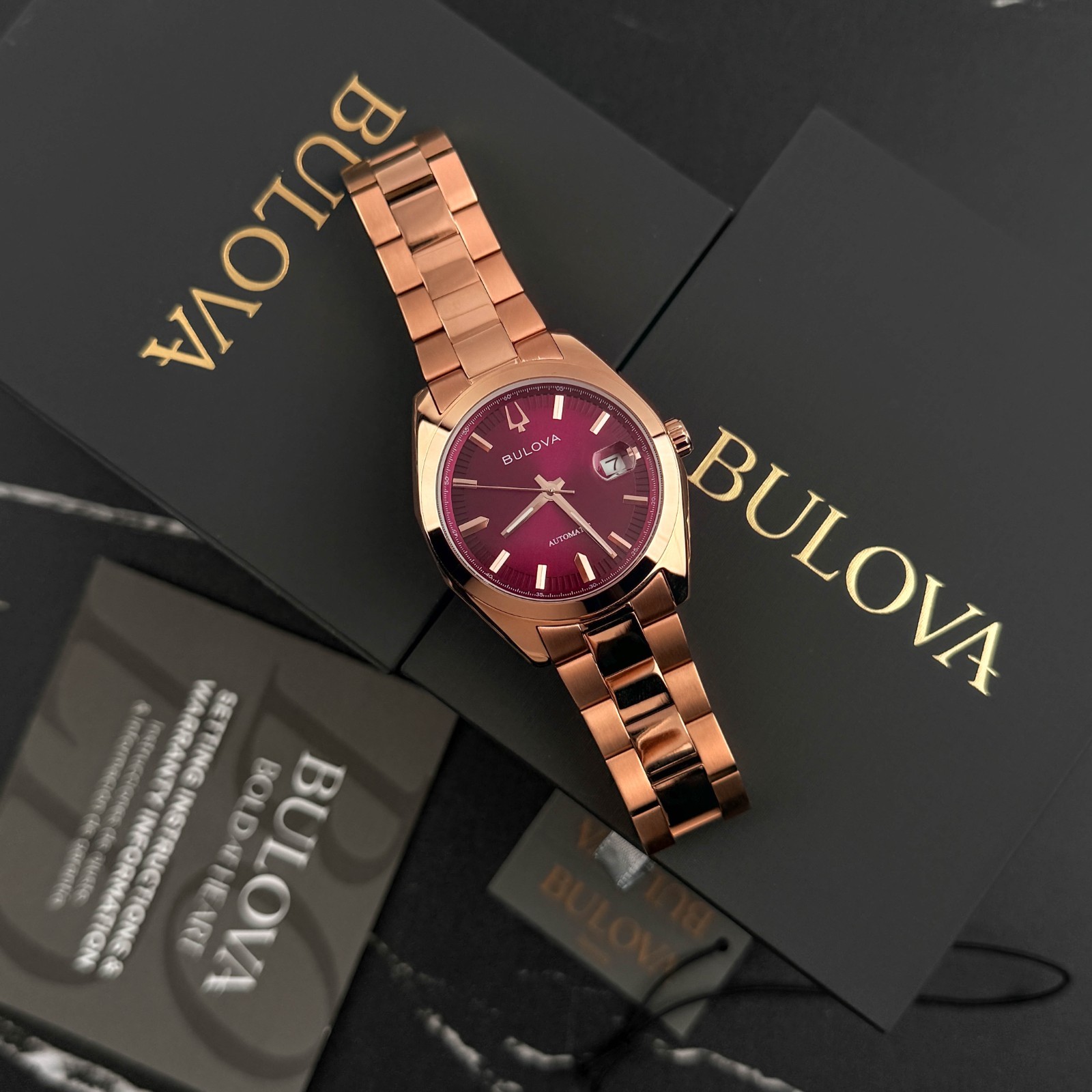 Bulova 97B234 Men’s Surveyor Automatic Red Dial Rose-Tone Steel Wrist Watch 39mm