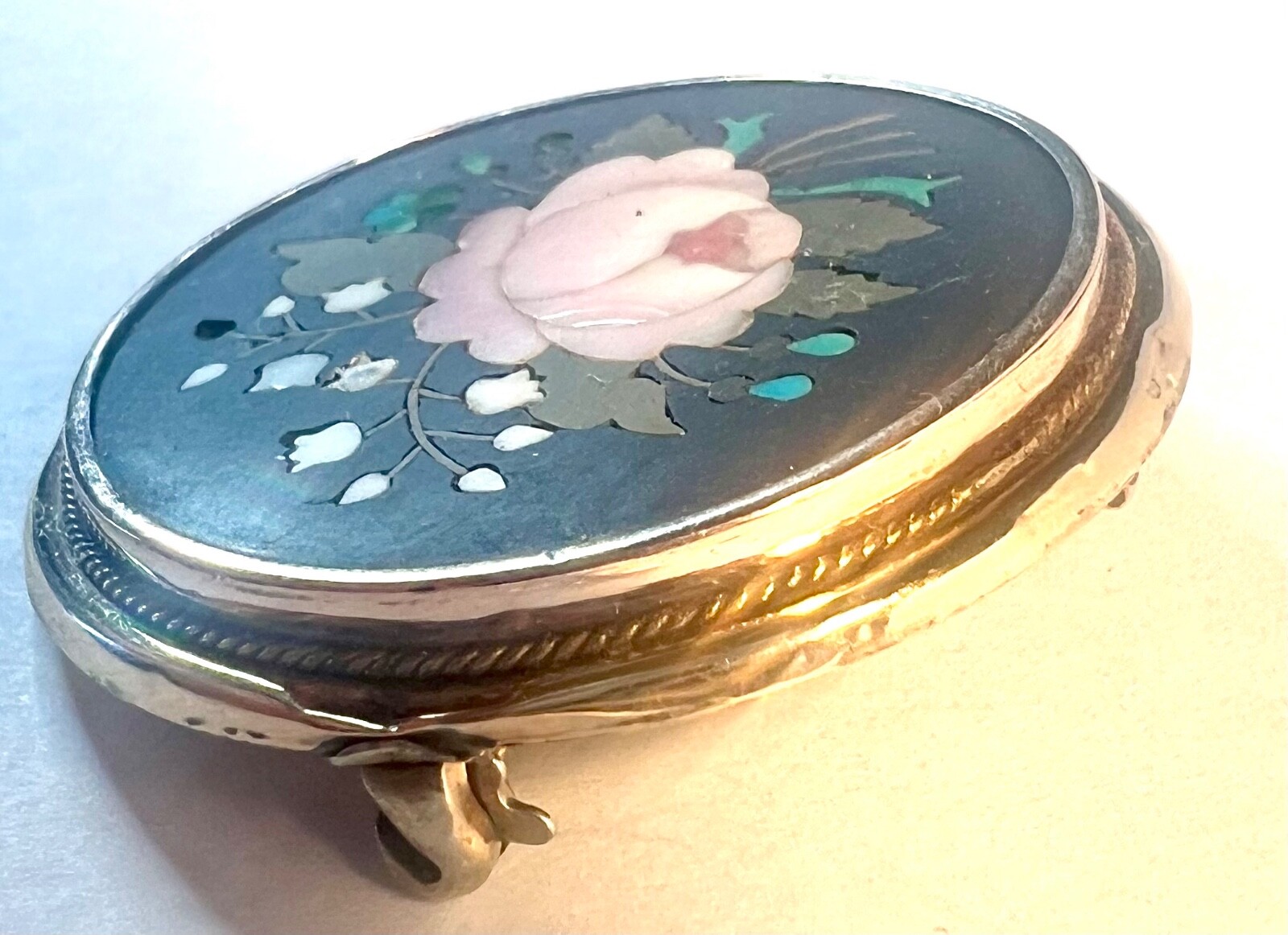 Large Antique 1 1/2″ Pietra Dura Micro Mosaic Brooch Pin Pendant Rose Gold 10g
