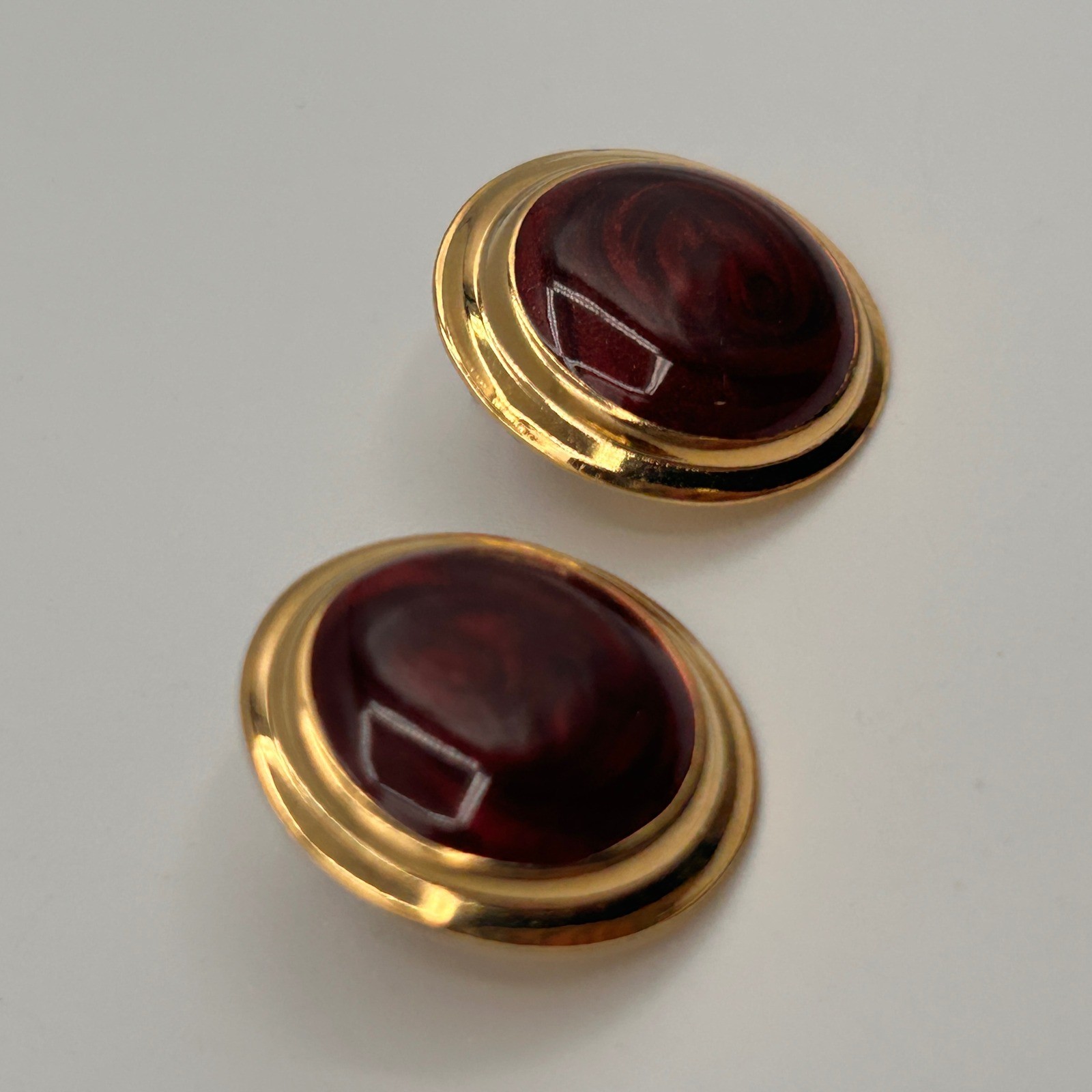 Vintage Gold Tone Burgundy Red Enamel Round Button Stud Earrings 1 Inch