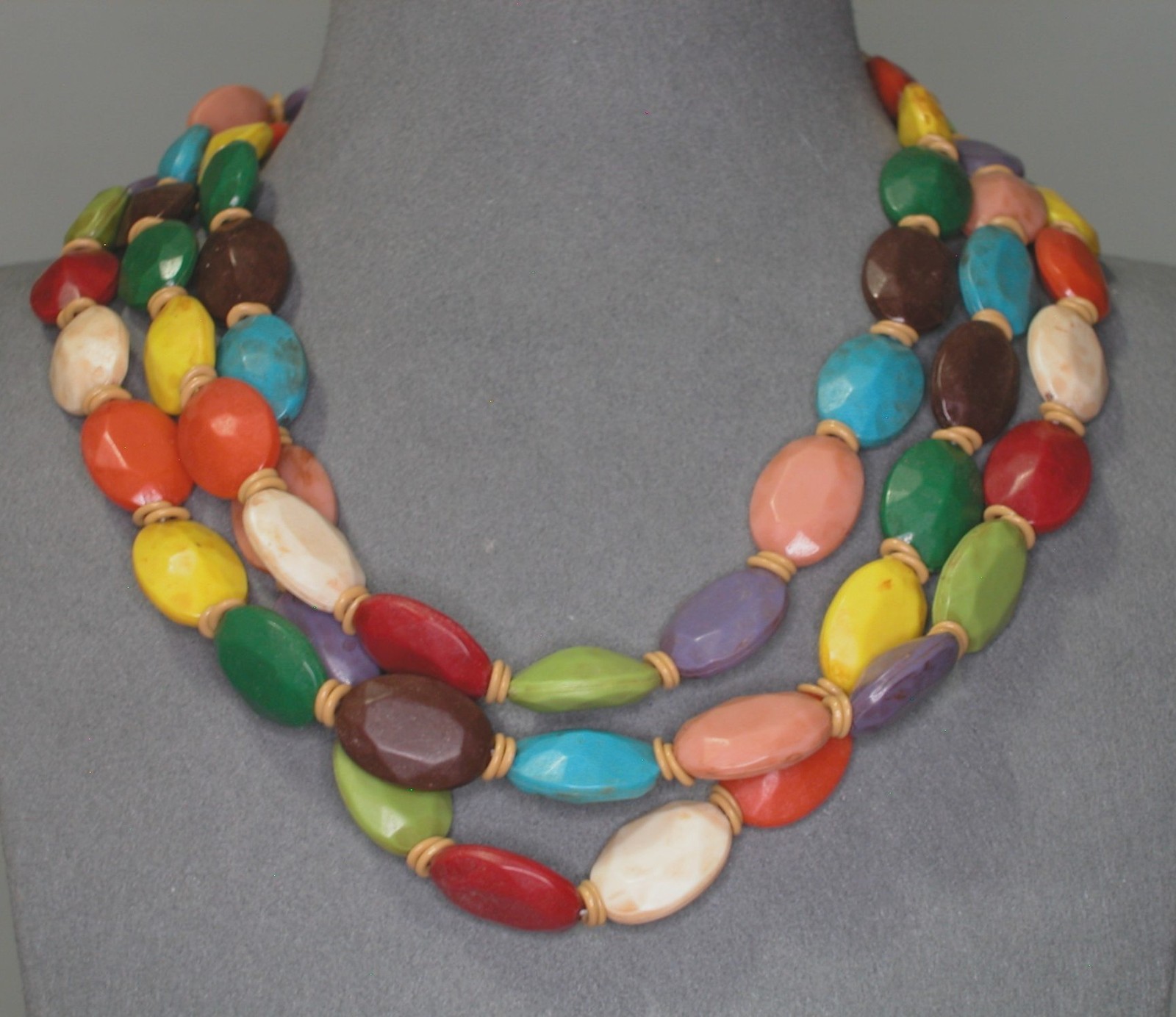 Chunky Beaded Wood Necklace, 3 Strands, 14 Inches With 3 Inch Extension