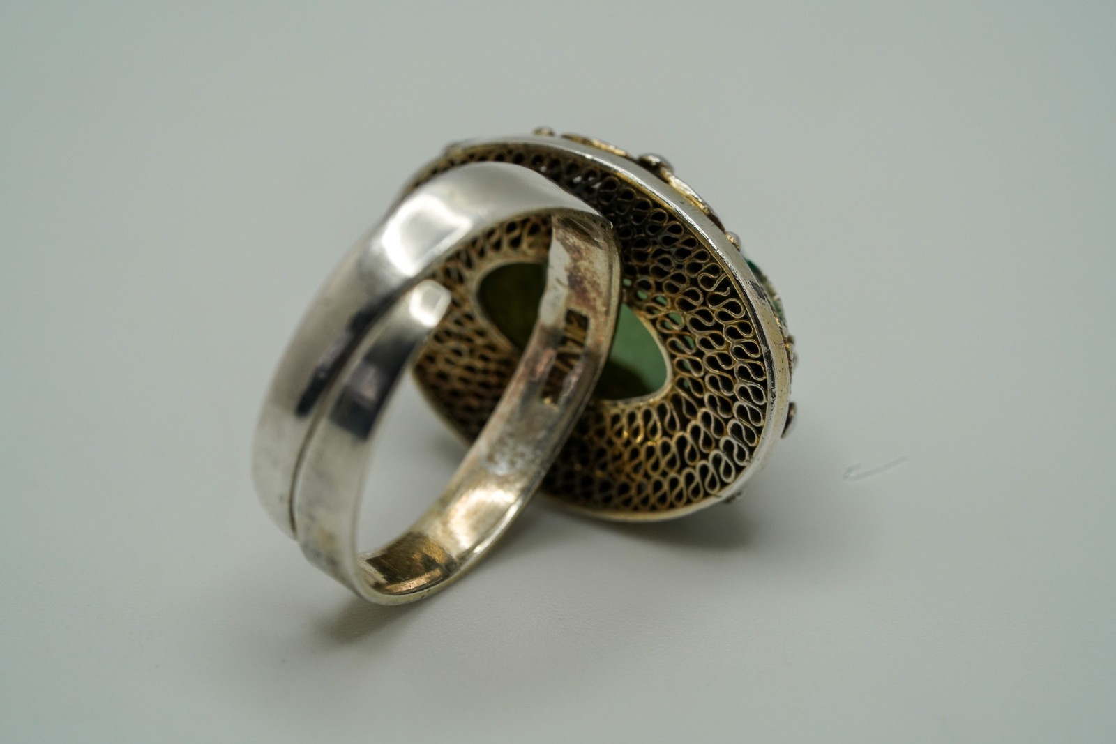 Vintage Chinese Export Sterling Silver Jade Enamel Adjustable Ring JB44