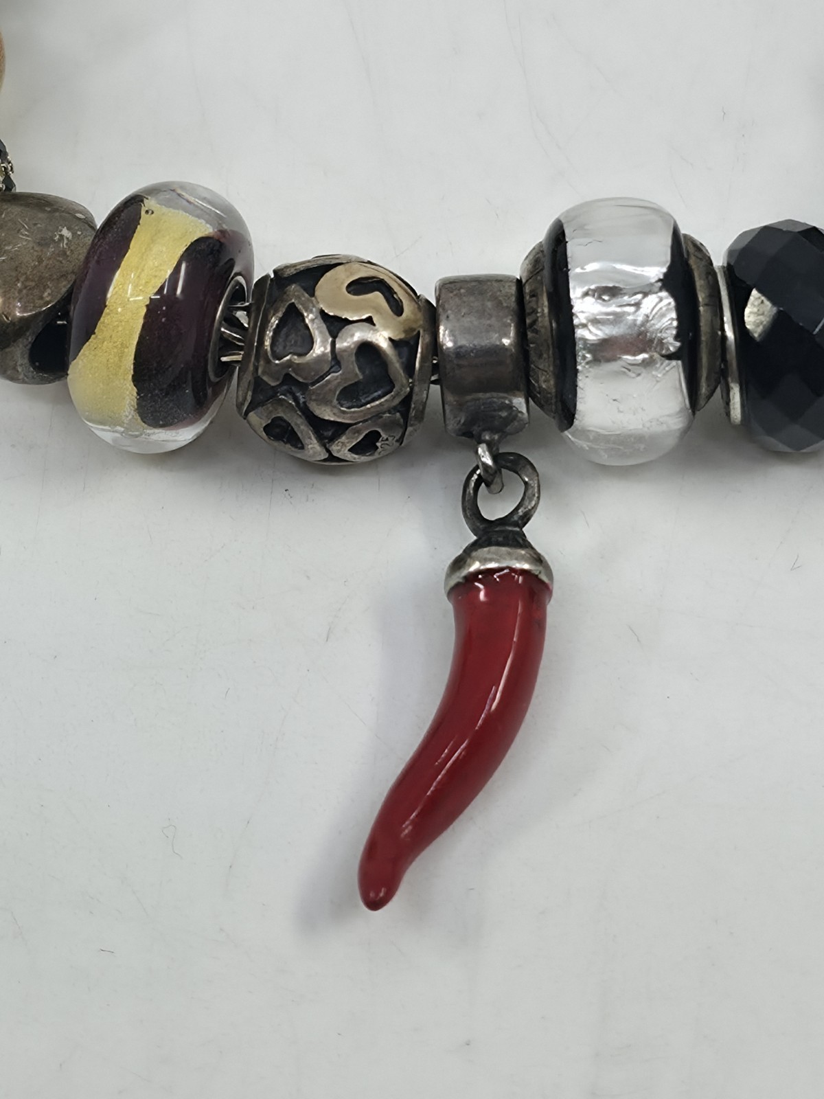 Trollbeads LAA 925 Silver Fish Lock Bracelet Murano Glass Red Cornicello Charm