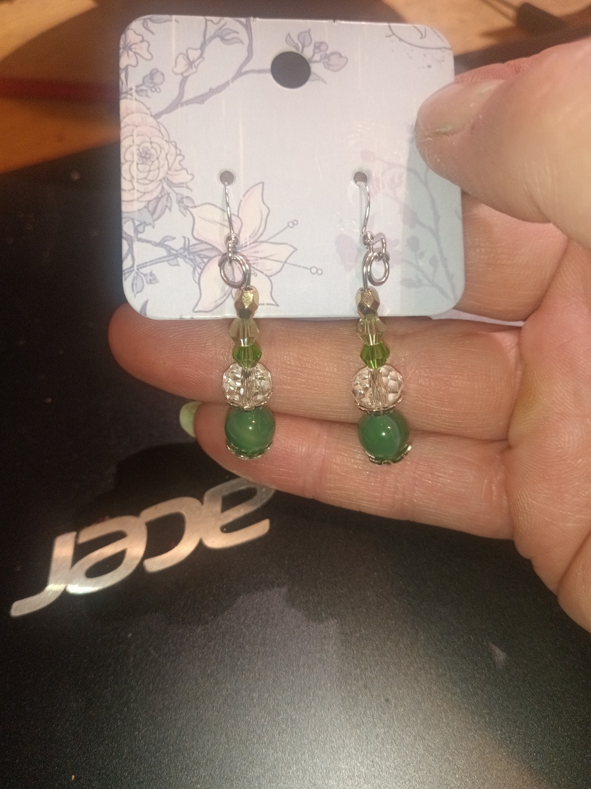 New handmade mixed green & clear glass 925 French hook earrings
