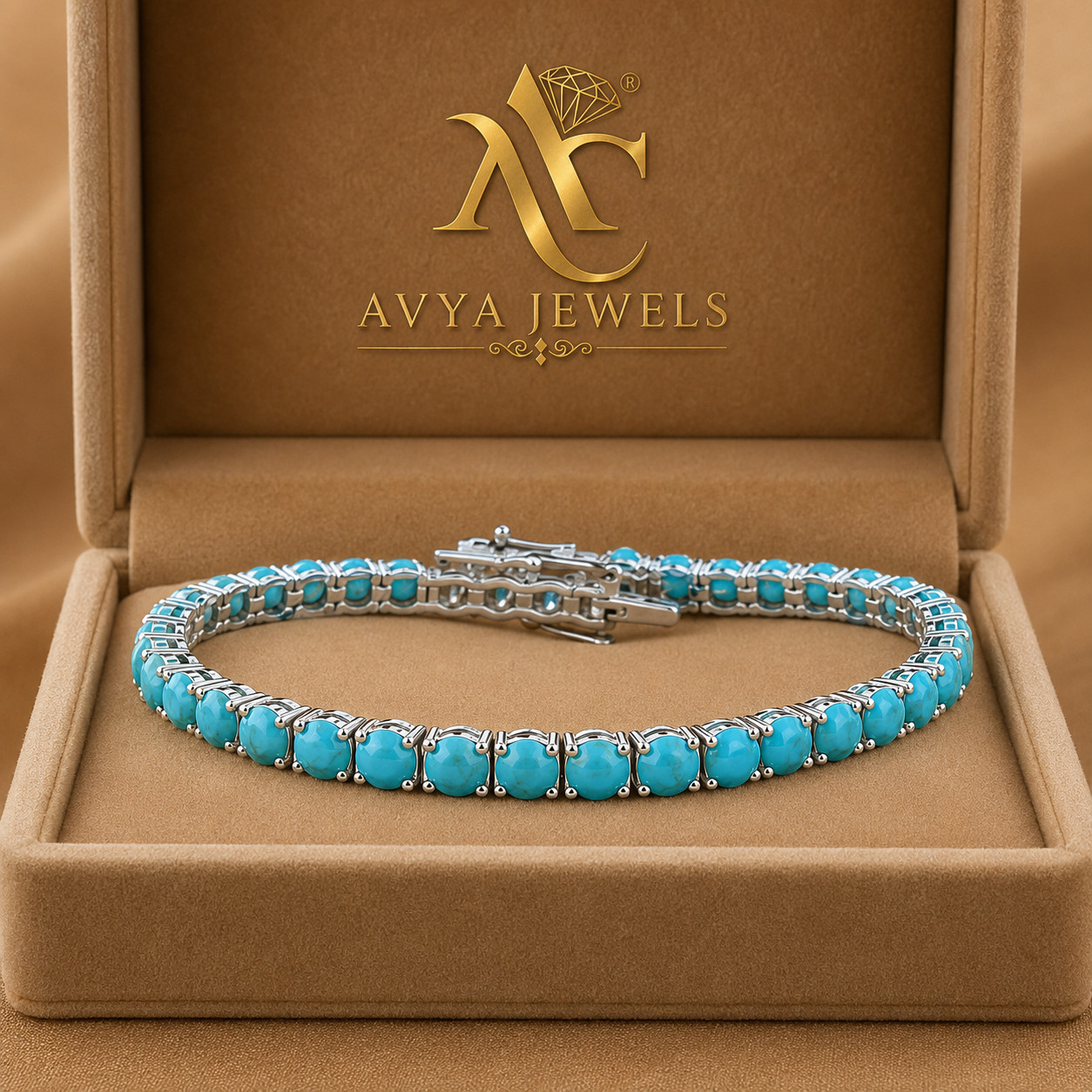 5 MM Round Lab Creted Turquoise Tennis Bracelet 925 Silver 14k White Gold Plated