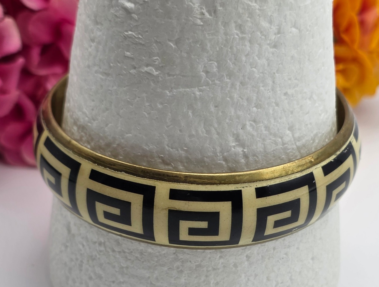 Vintage Gold Tone Black Cream Enamel Greek Key Bangle Bracelet 8 In Geometric