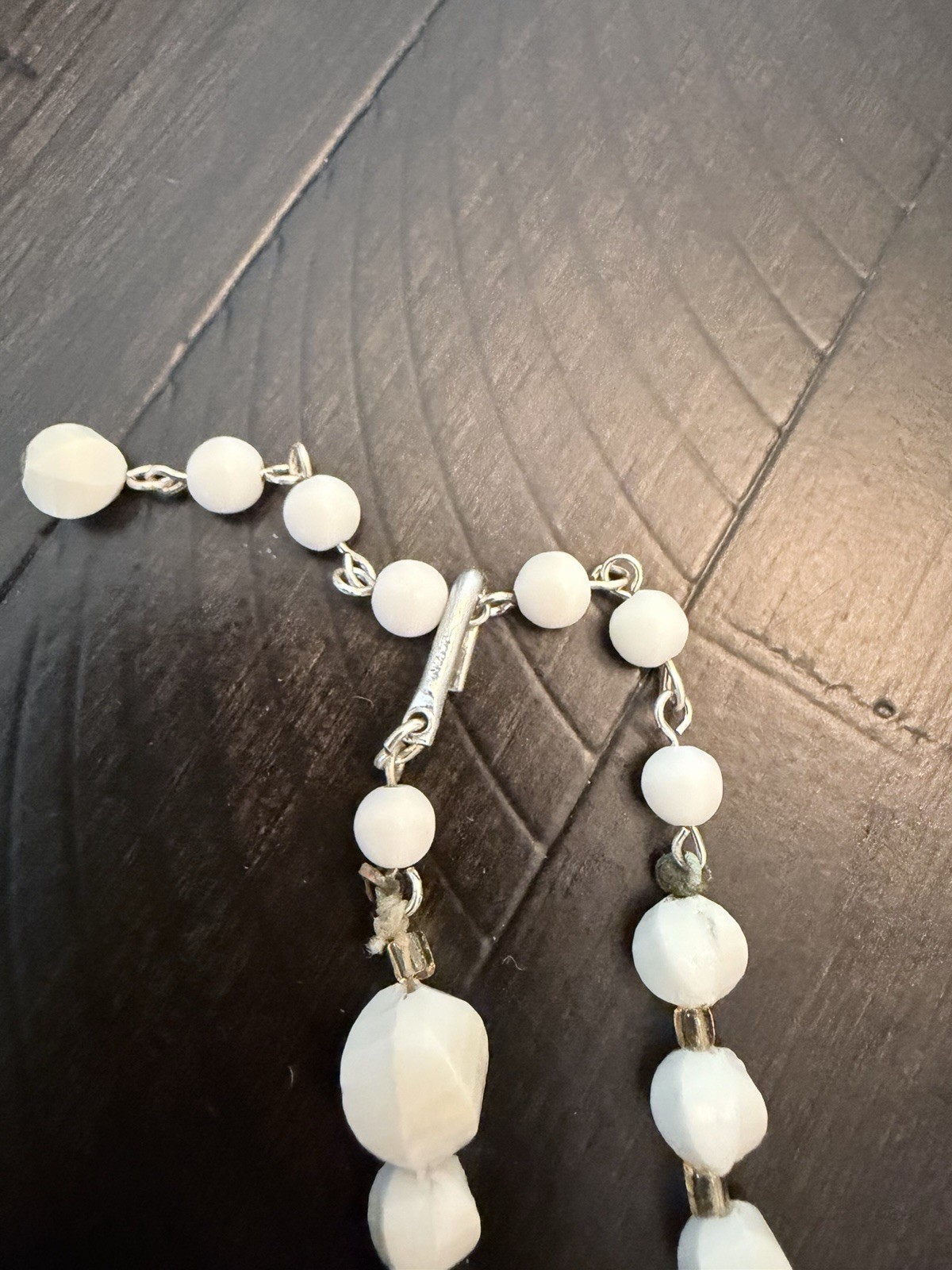 Vintage White Faceted Bead Necklace Long Graduated Clear Accent Statement