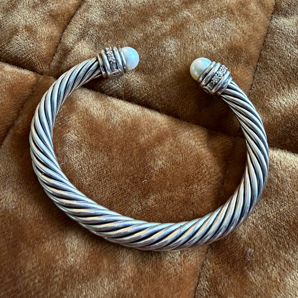 Silver Tone Rope Cable Open Cuff Bracelet with 2 Round White Pearl Ends