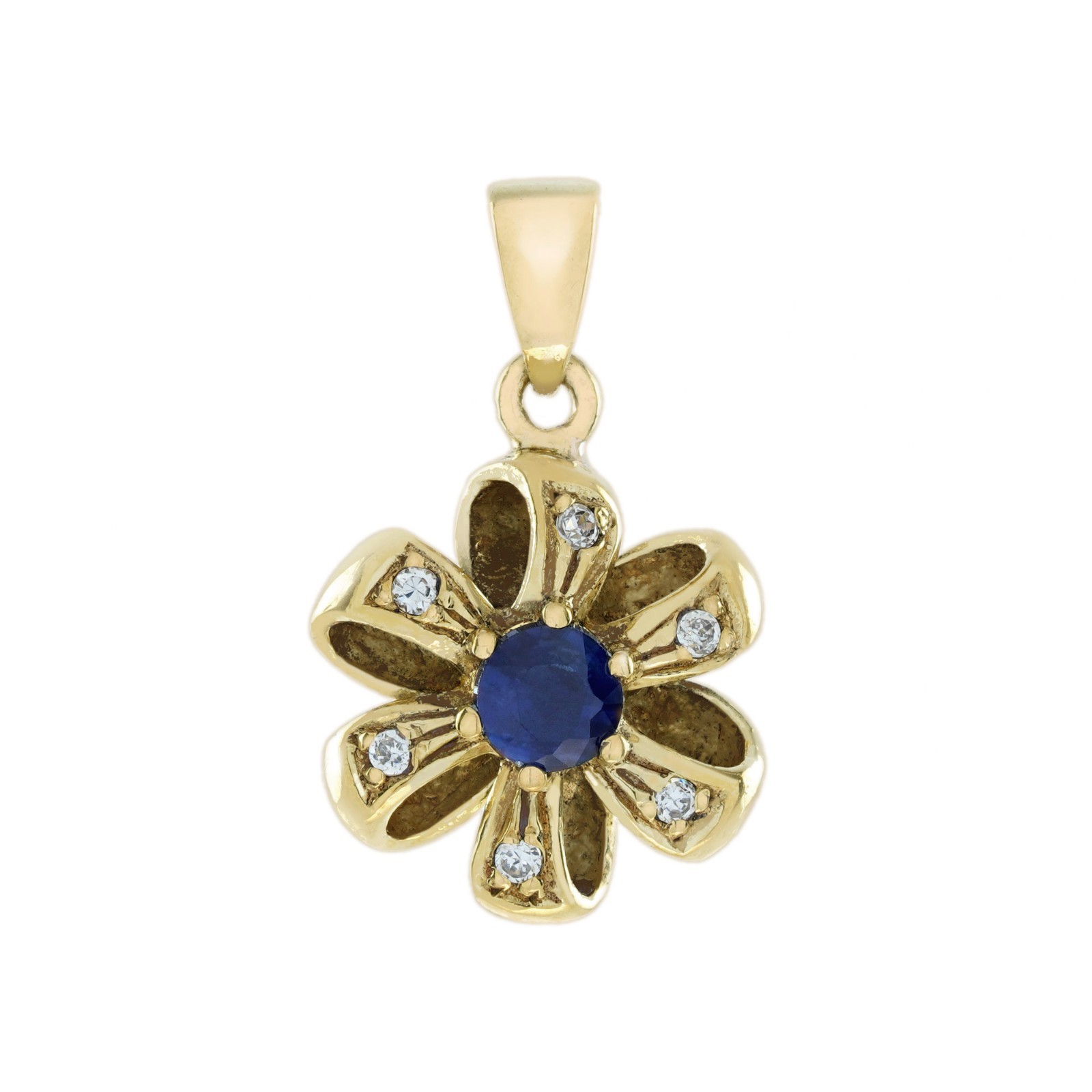 9K Yellow Gold Natural Sapphire Diamond Floral Shape Vintage Style Pendant